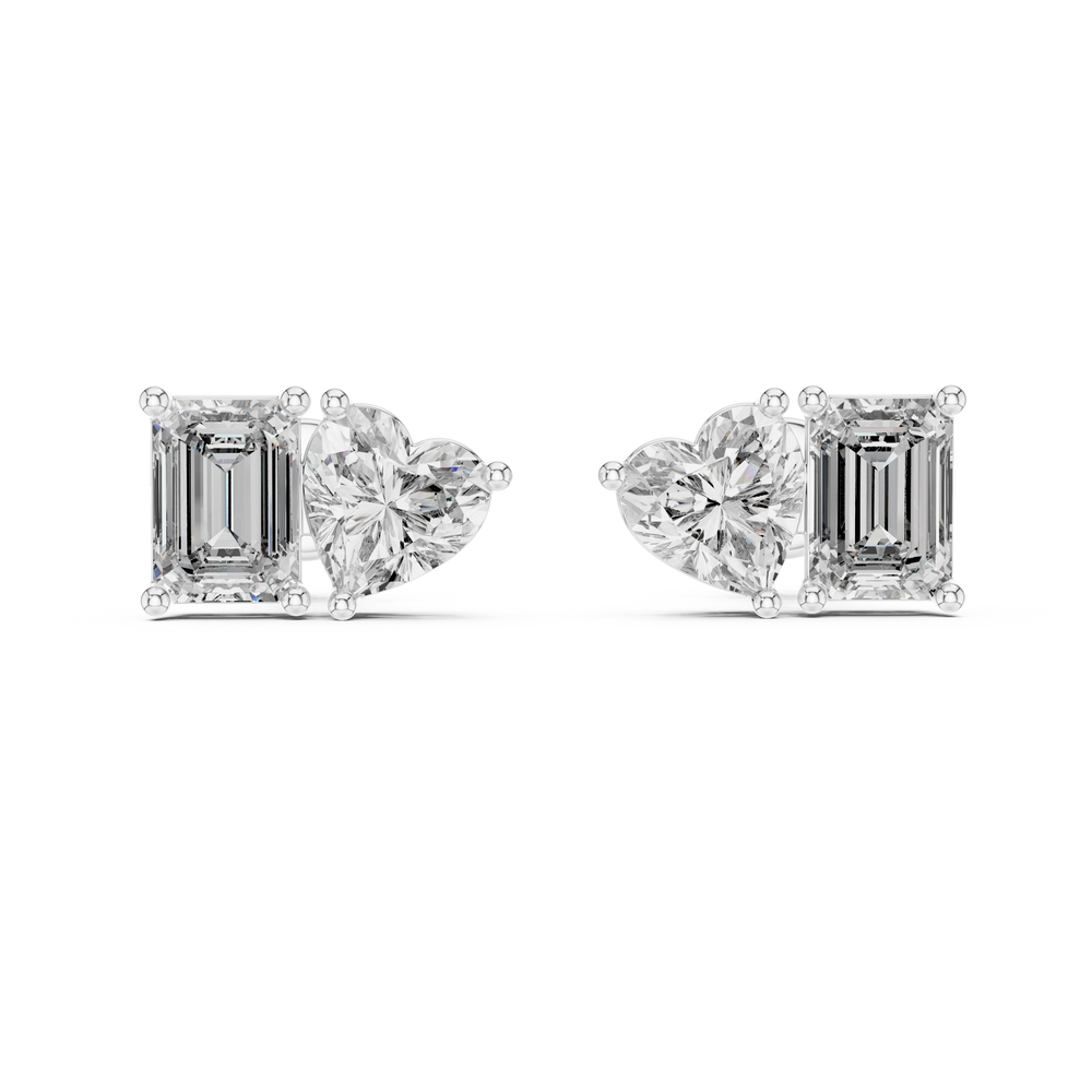 Toi et moi stud earrings with side by side emerald cut and heart shaped stones in prong setting