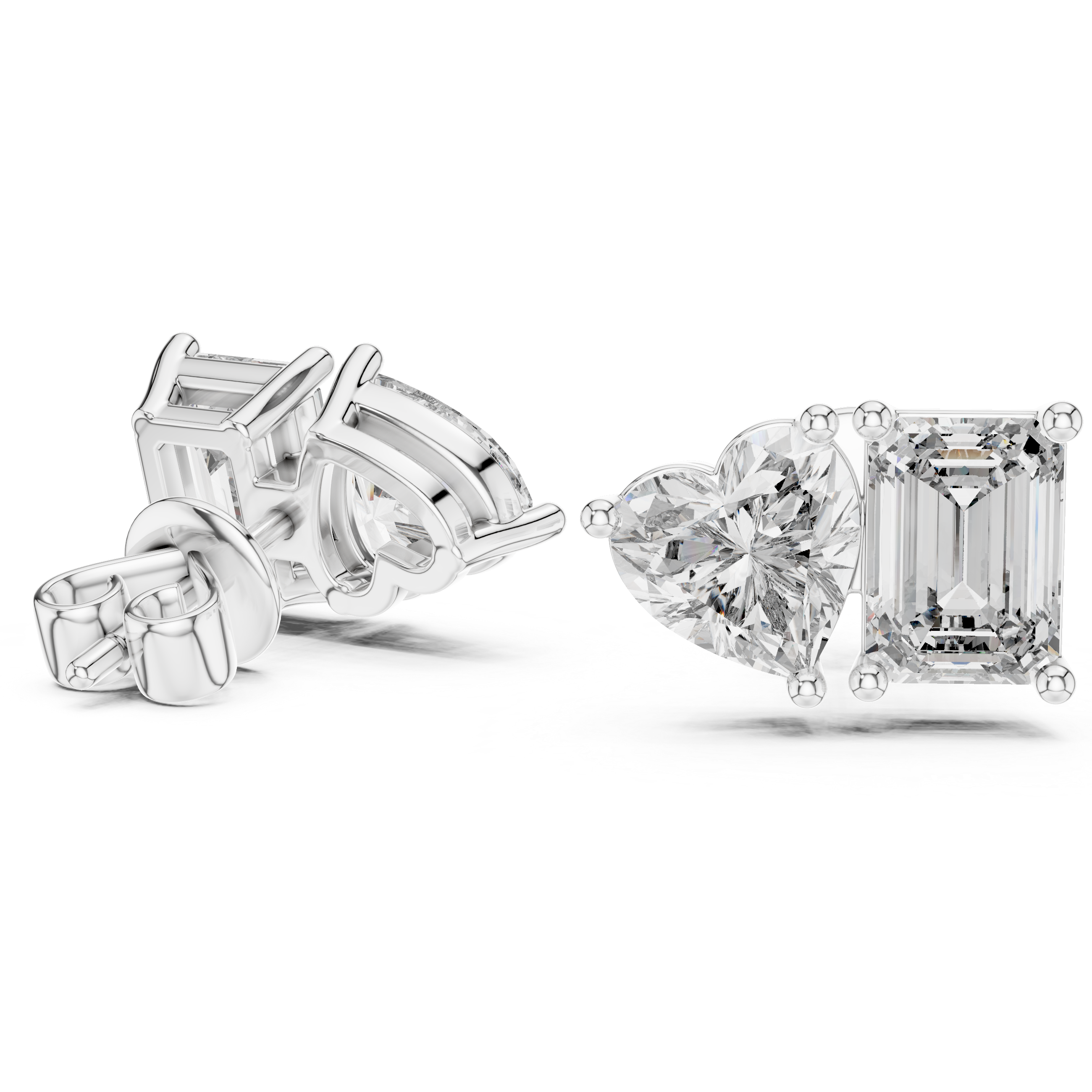 Toi et moi stud earrings with side by side emerald cut and heart shaped stones in prong setting