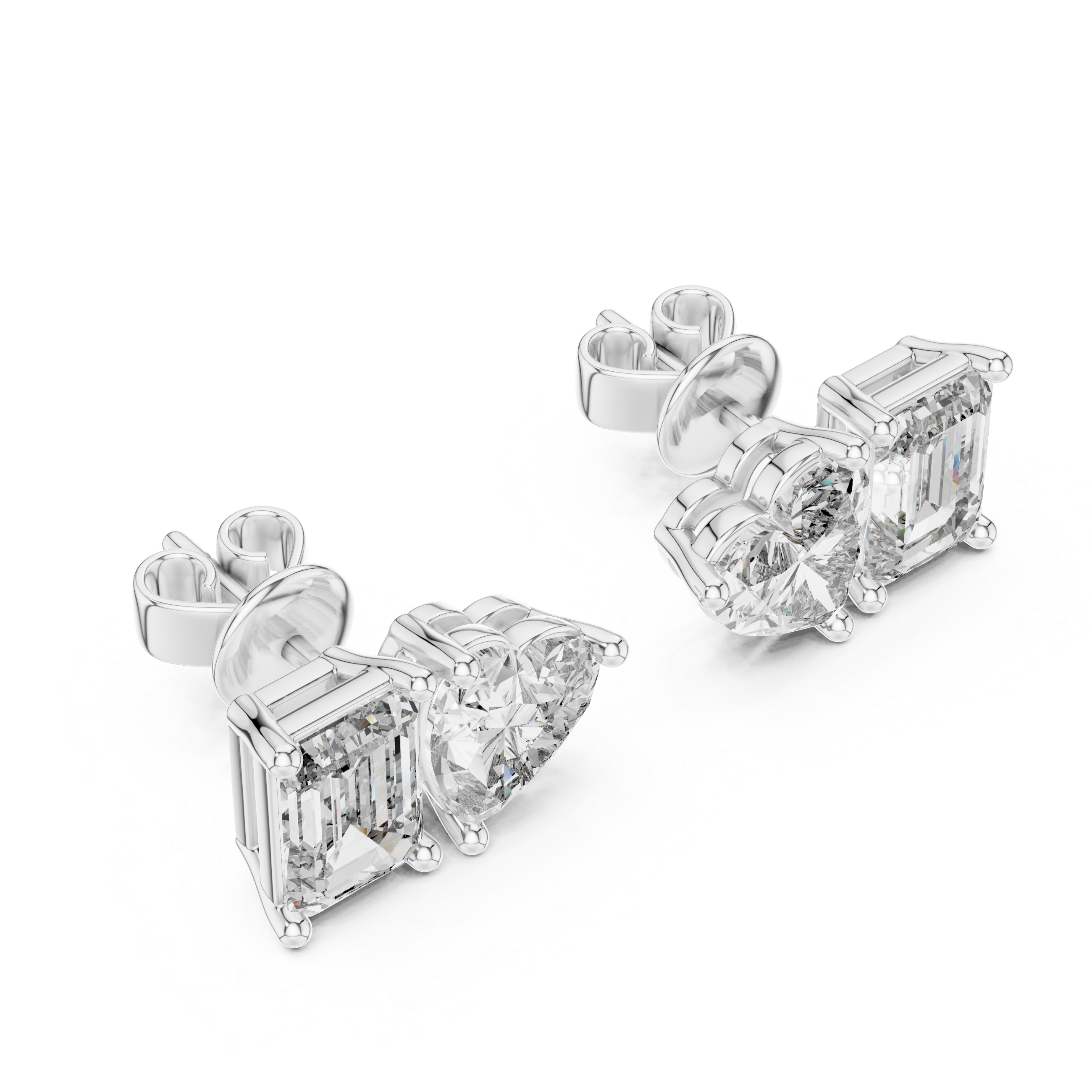 Toi et moi stud earrings with side by side emerald cut and heart shaped stones in prong setting