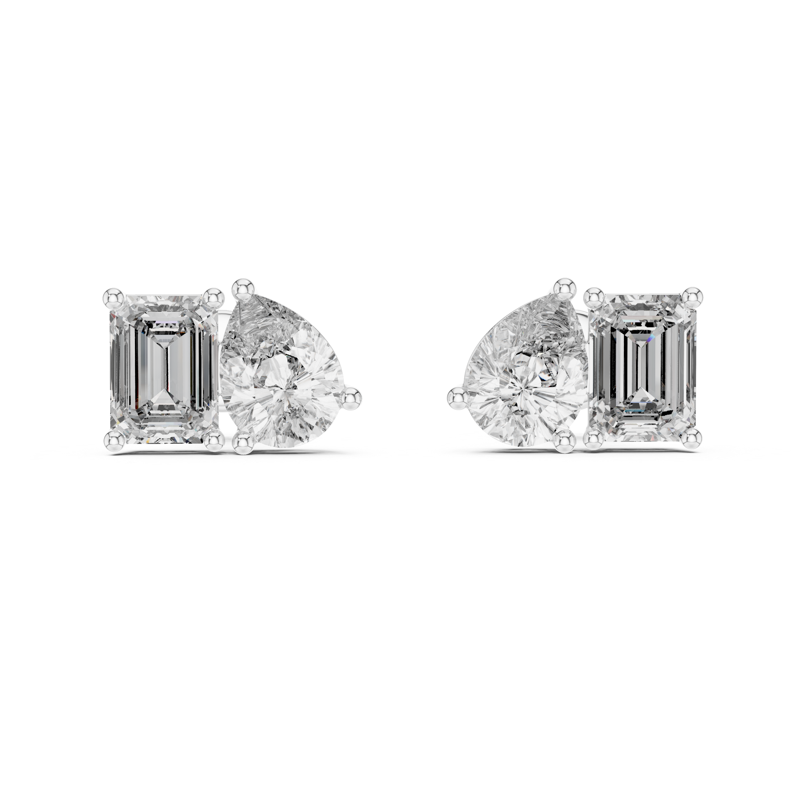 Toi et moi stud earrings with side by side emerald cut and pear shaped stones in prong setting