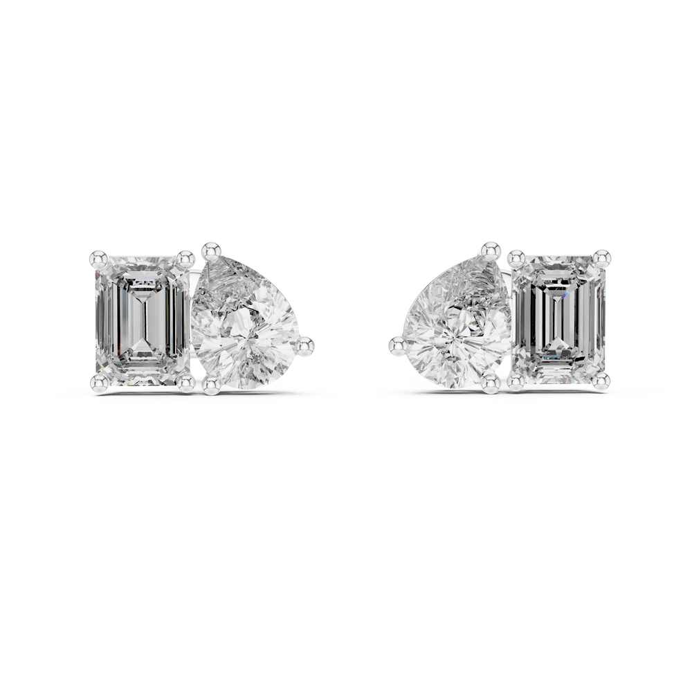 Toi et moi stud earrings with side by side emerald cut and pear shaped stones in prong setting
