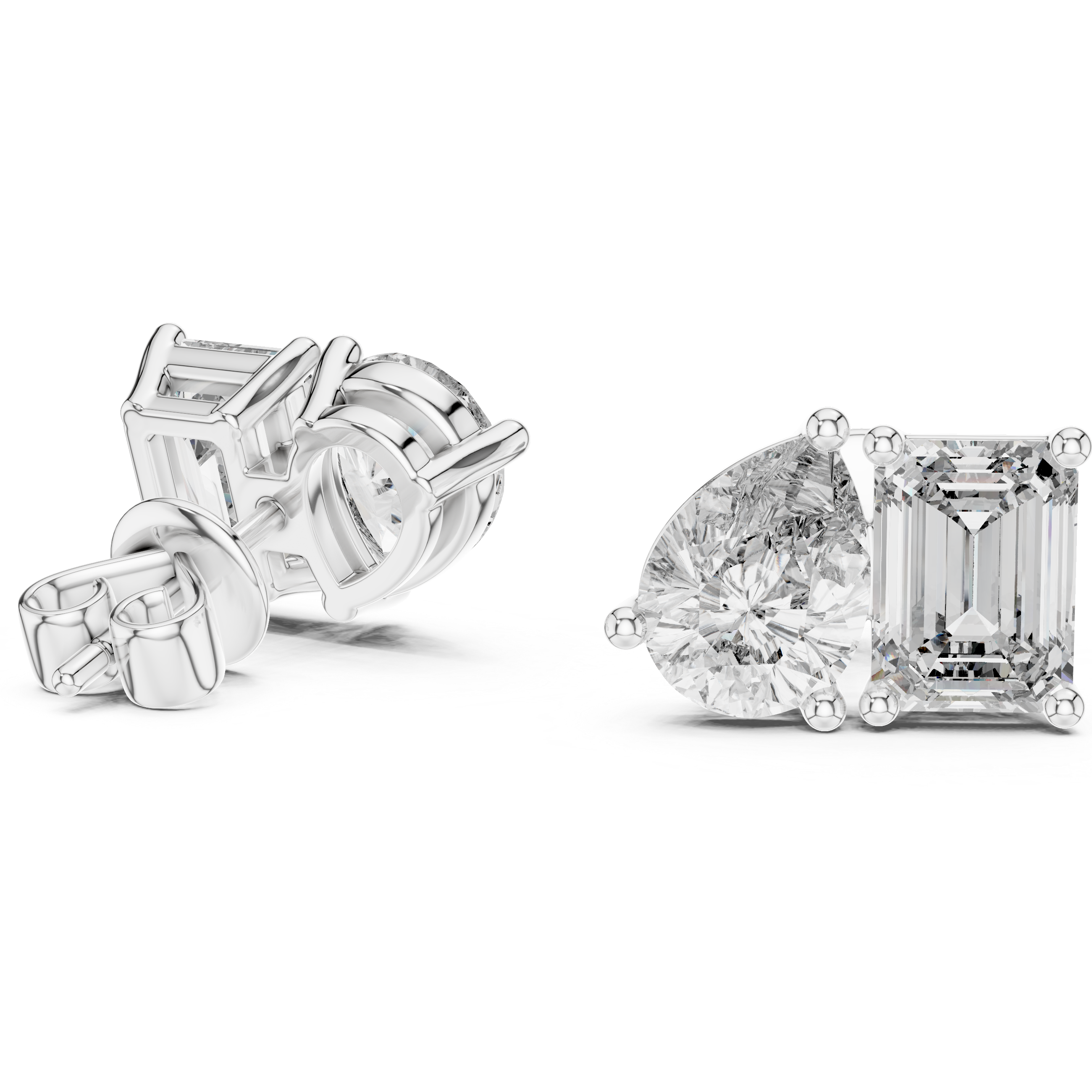 Toi et moi stud earrings with side by side emerald cut and pear shaped stones in prong setting