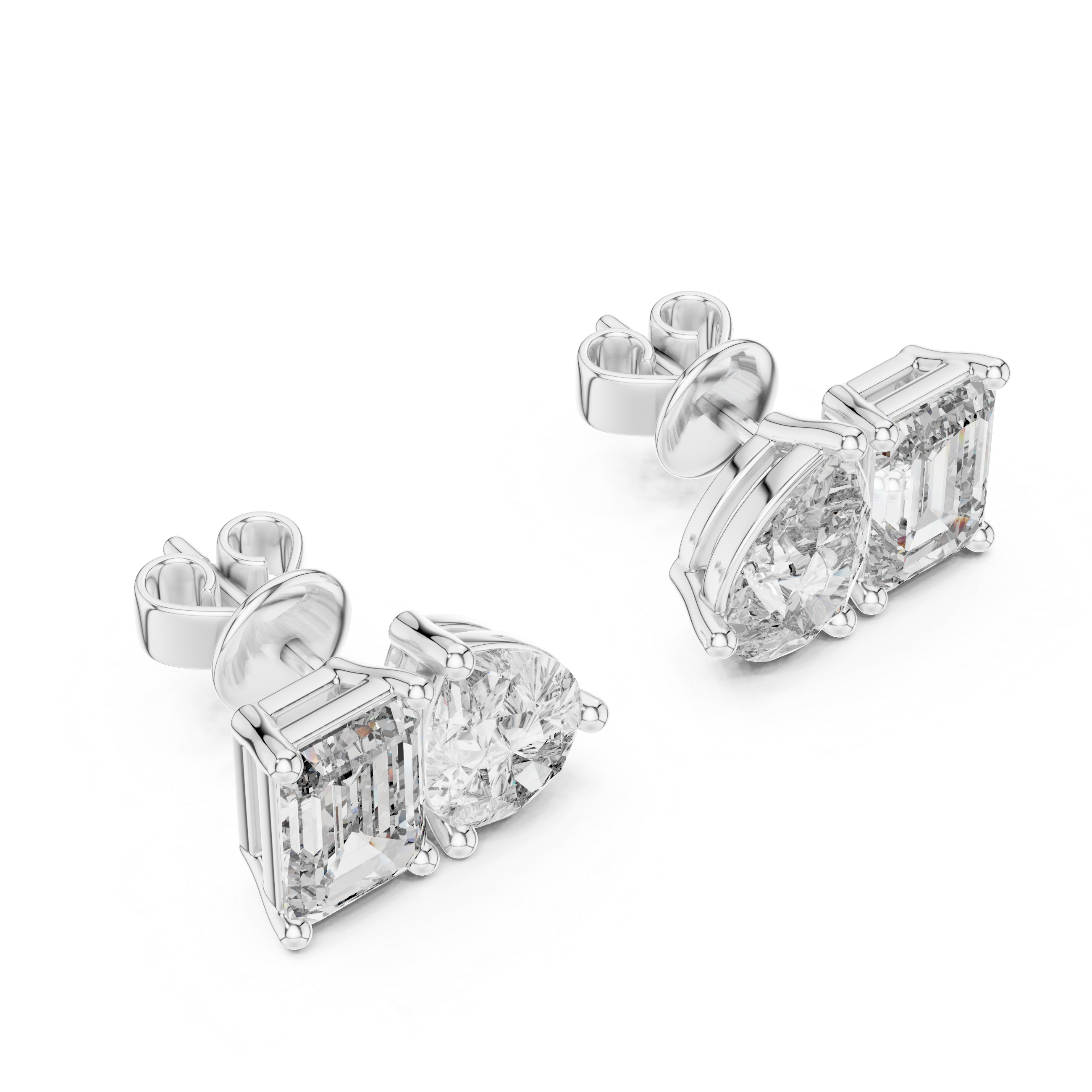 Toi et moi stud earrings with side by side emerald cut and pear shaped stones in prong setting