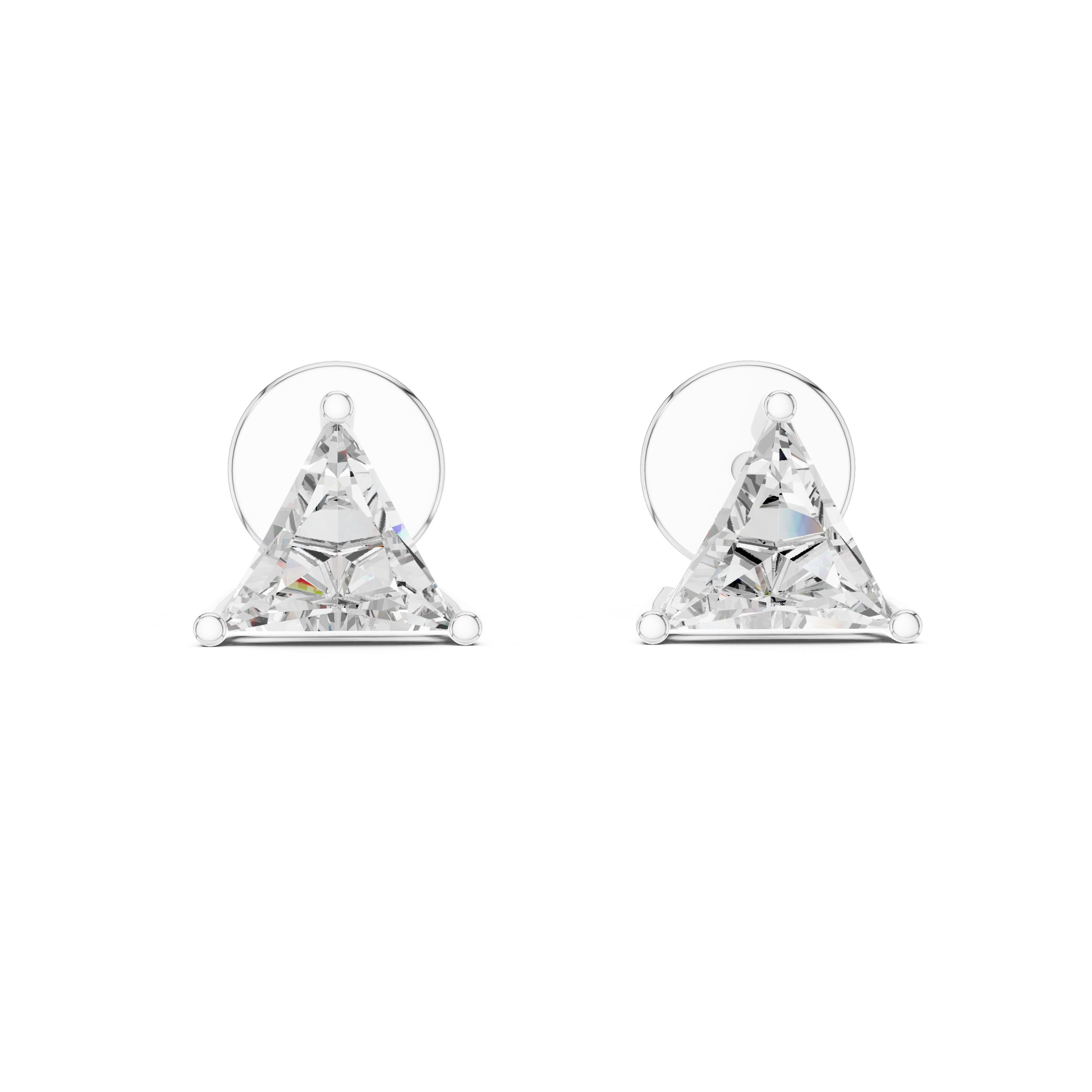 Triangle cut solitaire stud earrings with a three-claw setting and open circle back plate