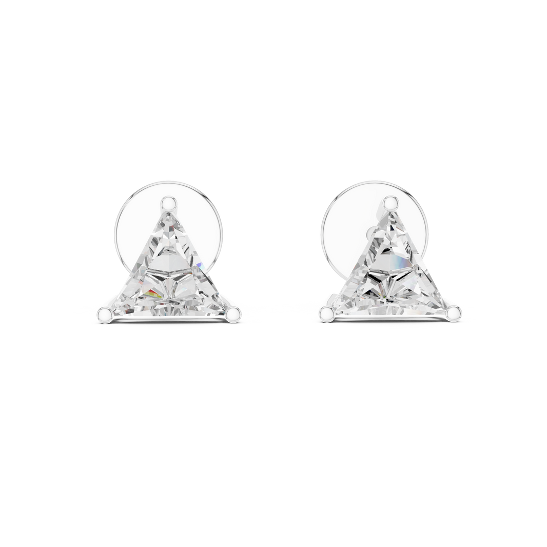 Triangle cut solitaire stud earrings with a three-claw setting and open circle back plate