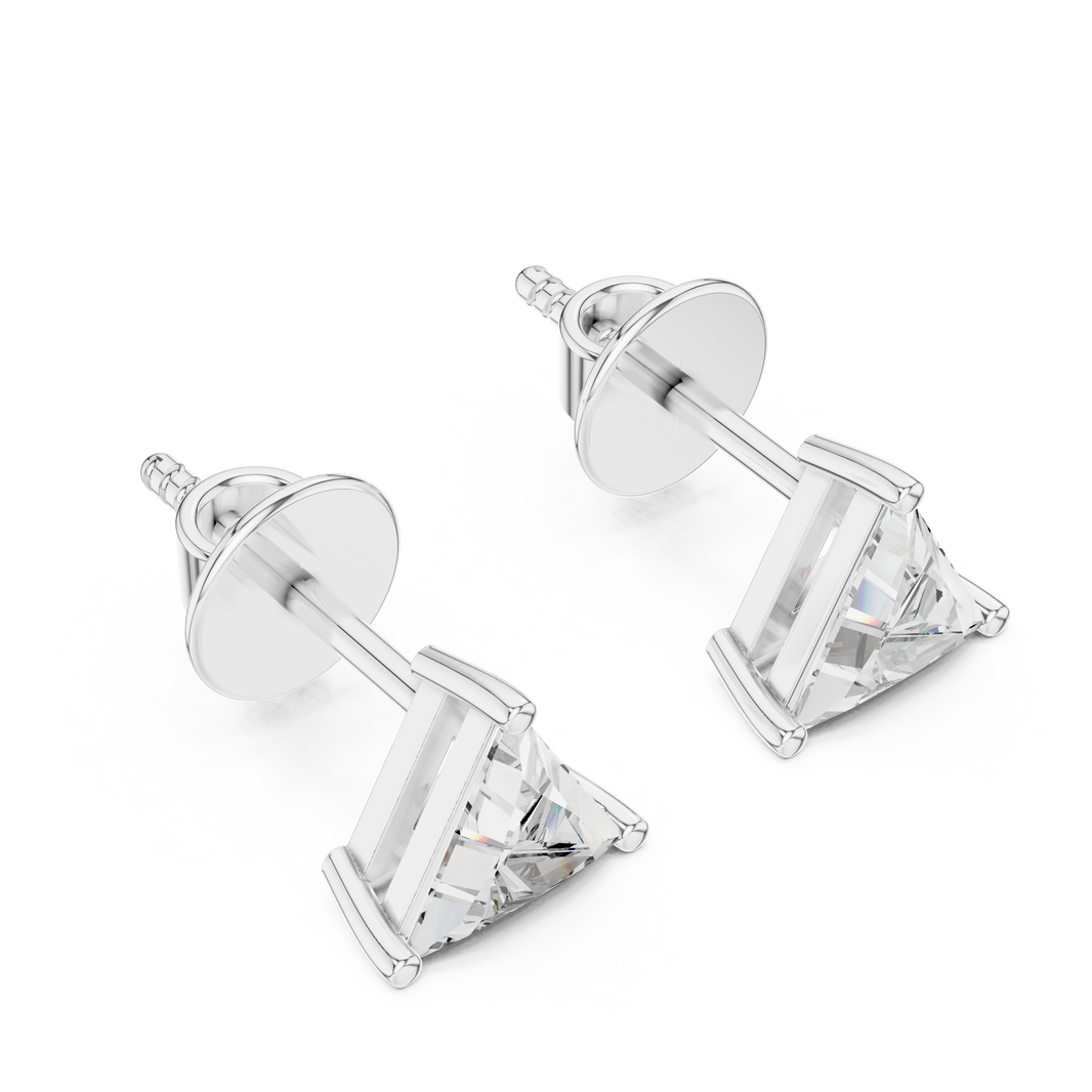 Triangle cut solitaire stud earrings with a three-claw setting and open circle back plate