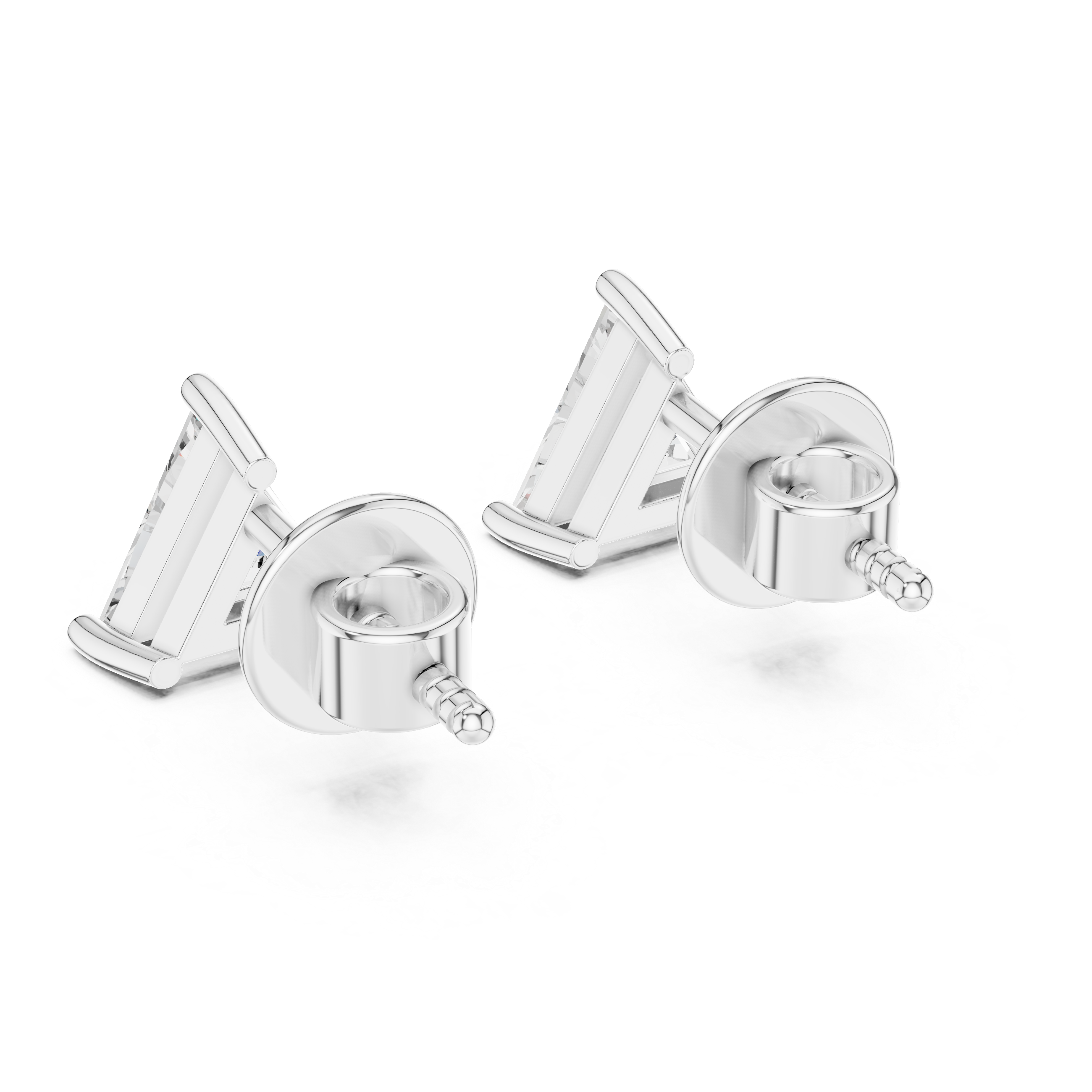 Triangle cut solitaire stud earrings with a three-claw setting and open circle back plate