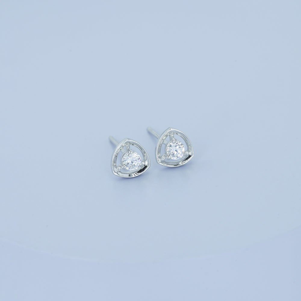 Triangle halo diamond stud earrings with open triangular frame and prong-set round centre stone