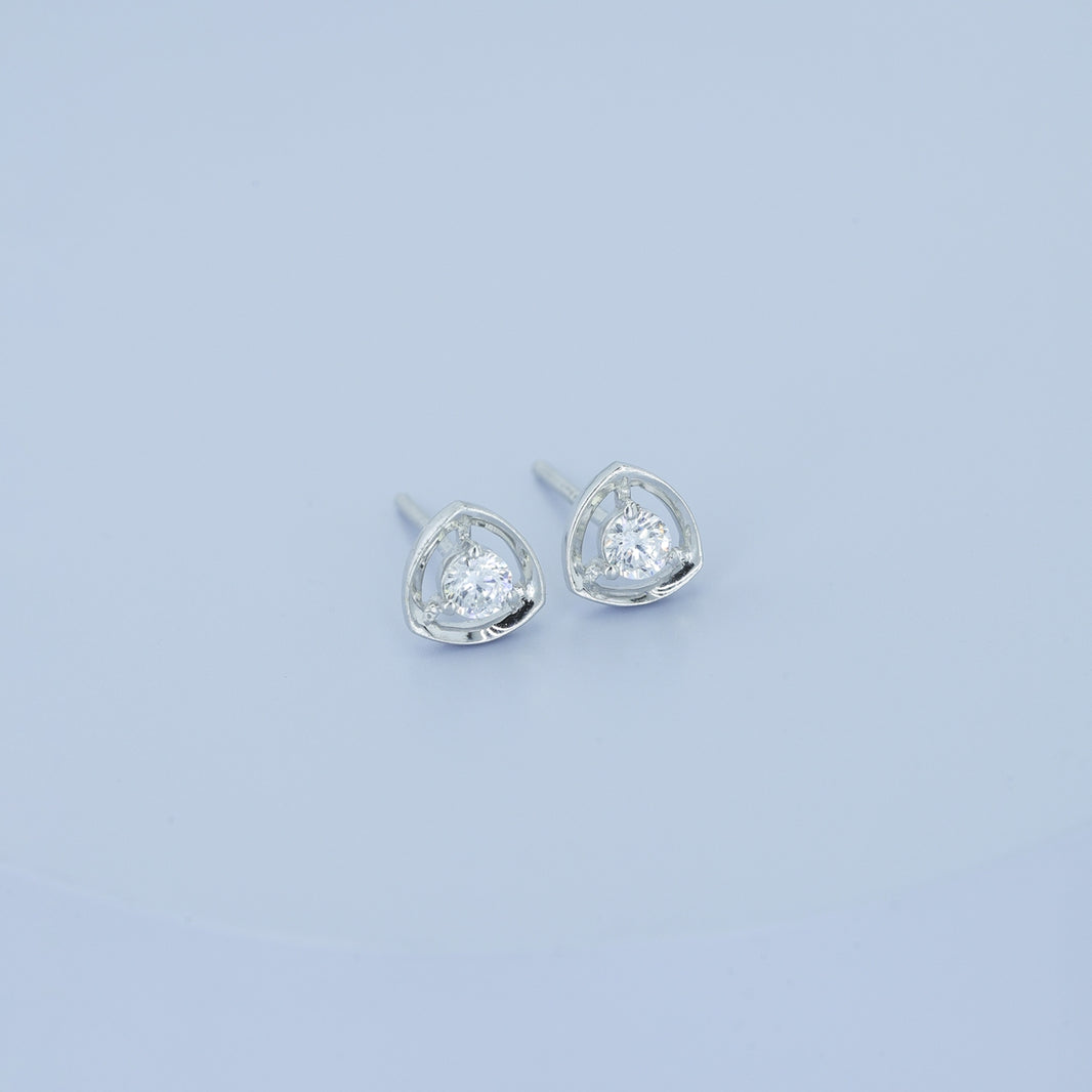 Triangle halo diamond stud earrings with open triangular frame and prong-set round centre stone