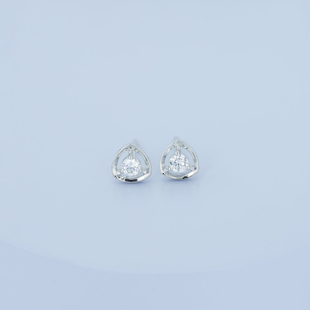 Triangle halo diamond stud earrings with open triangular frame and prong-set round centre stone