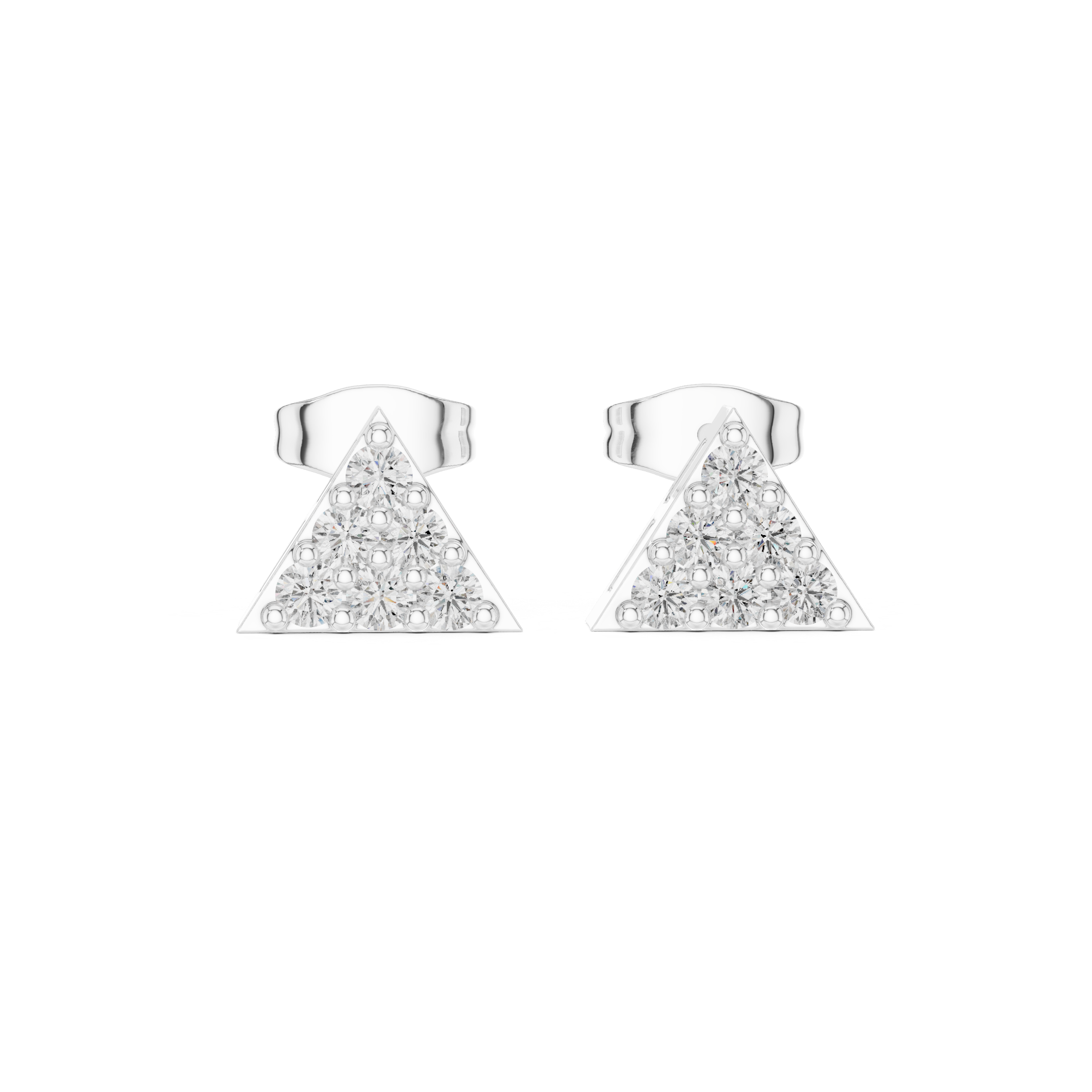 Triangle pave cluster stud earrings with solid triangular frame fully filled with round prong set stones