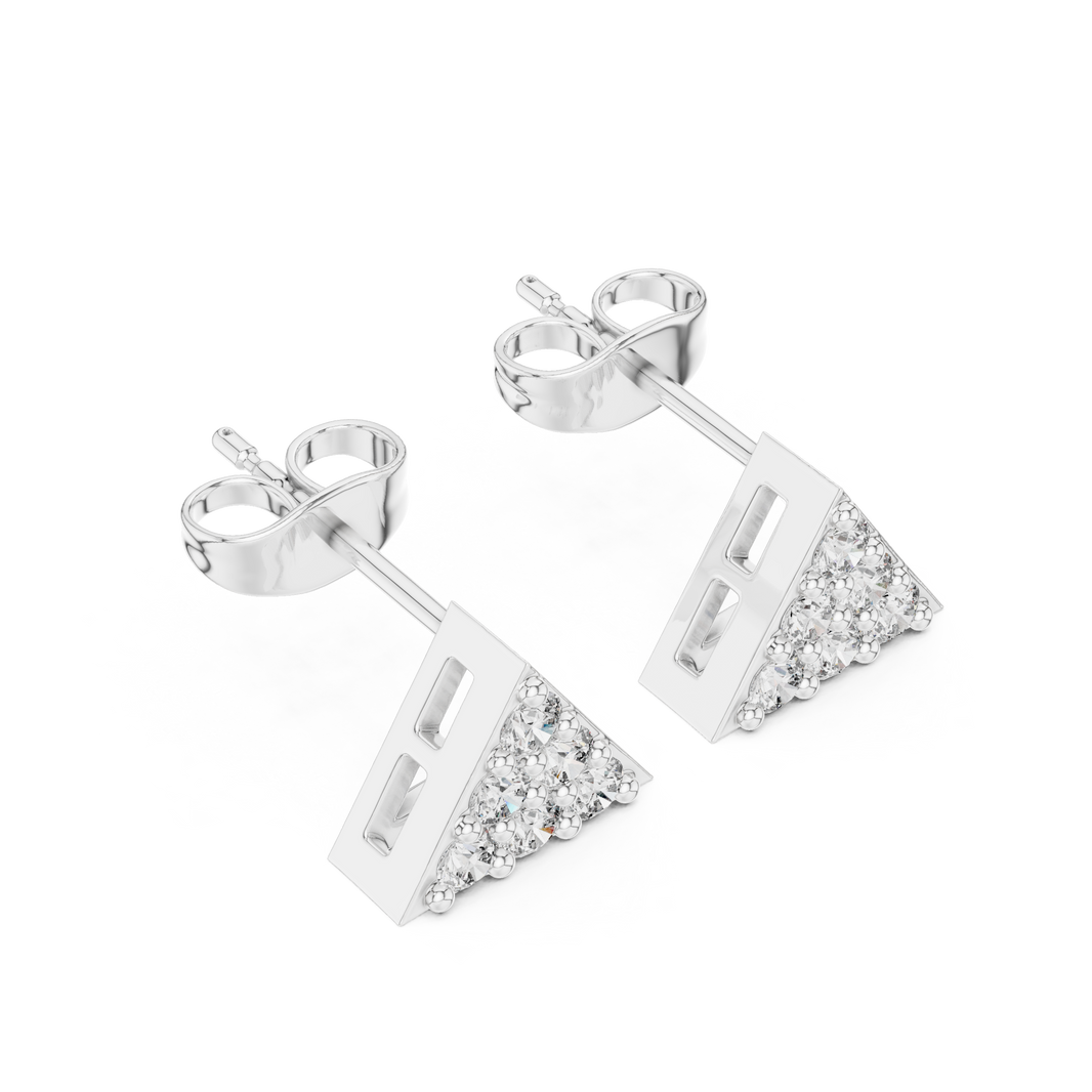 Triangle pave cluster stud earrings with solid triangular frame fully filled with round prong set stones