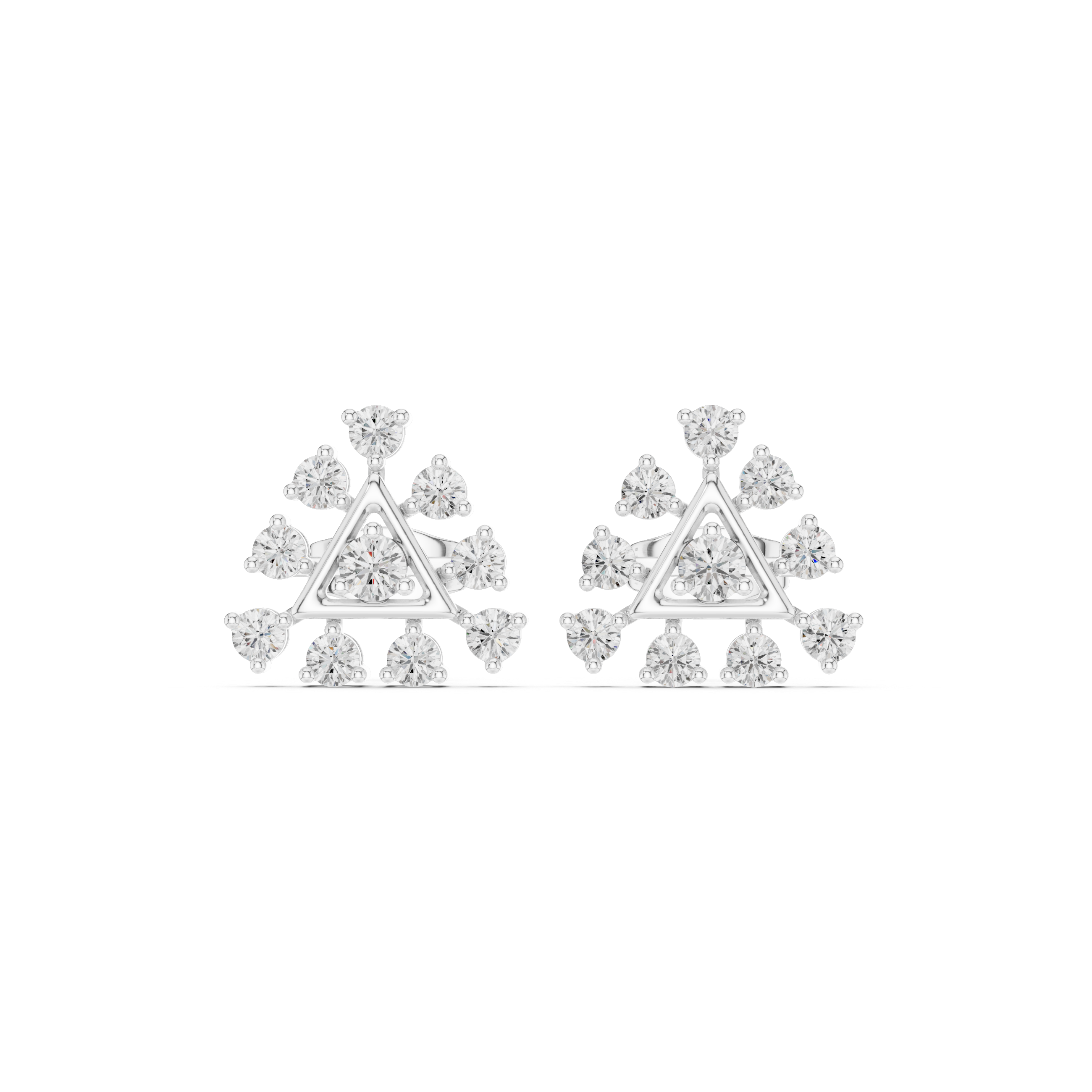 Triangle starburst stone stud earrings with open triangle centre and radiating round prong set stones on all sides