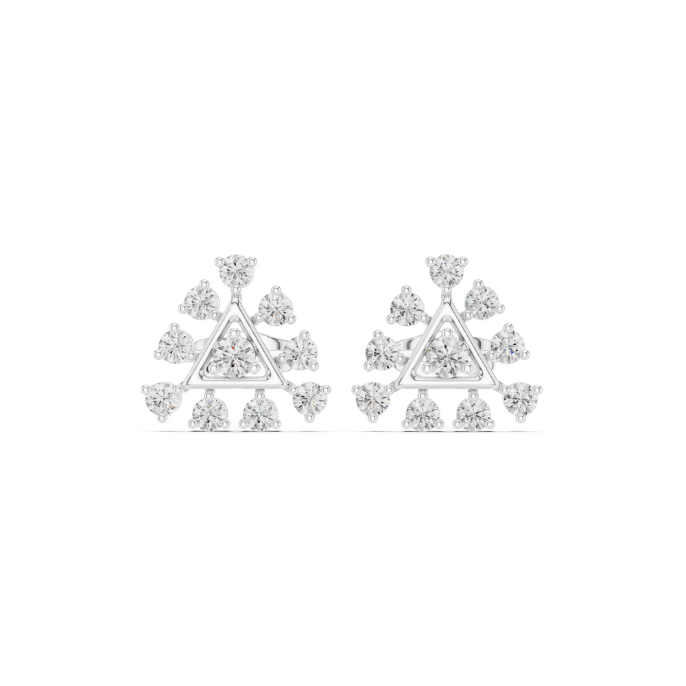 Triangle starburst stone stud earrings with open triangle centre and radiating round prong set stones on all sides