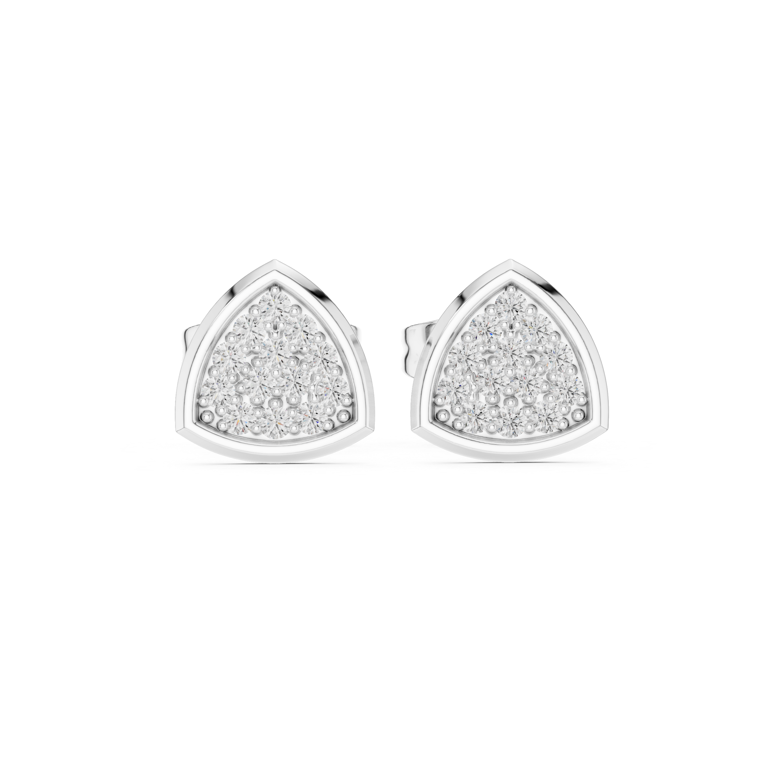 Trillion-shaped stud earrings with a fully pavé-set round brilliant cluster within a polished geometric frame