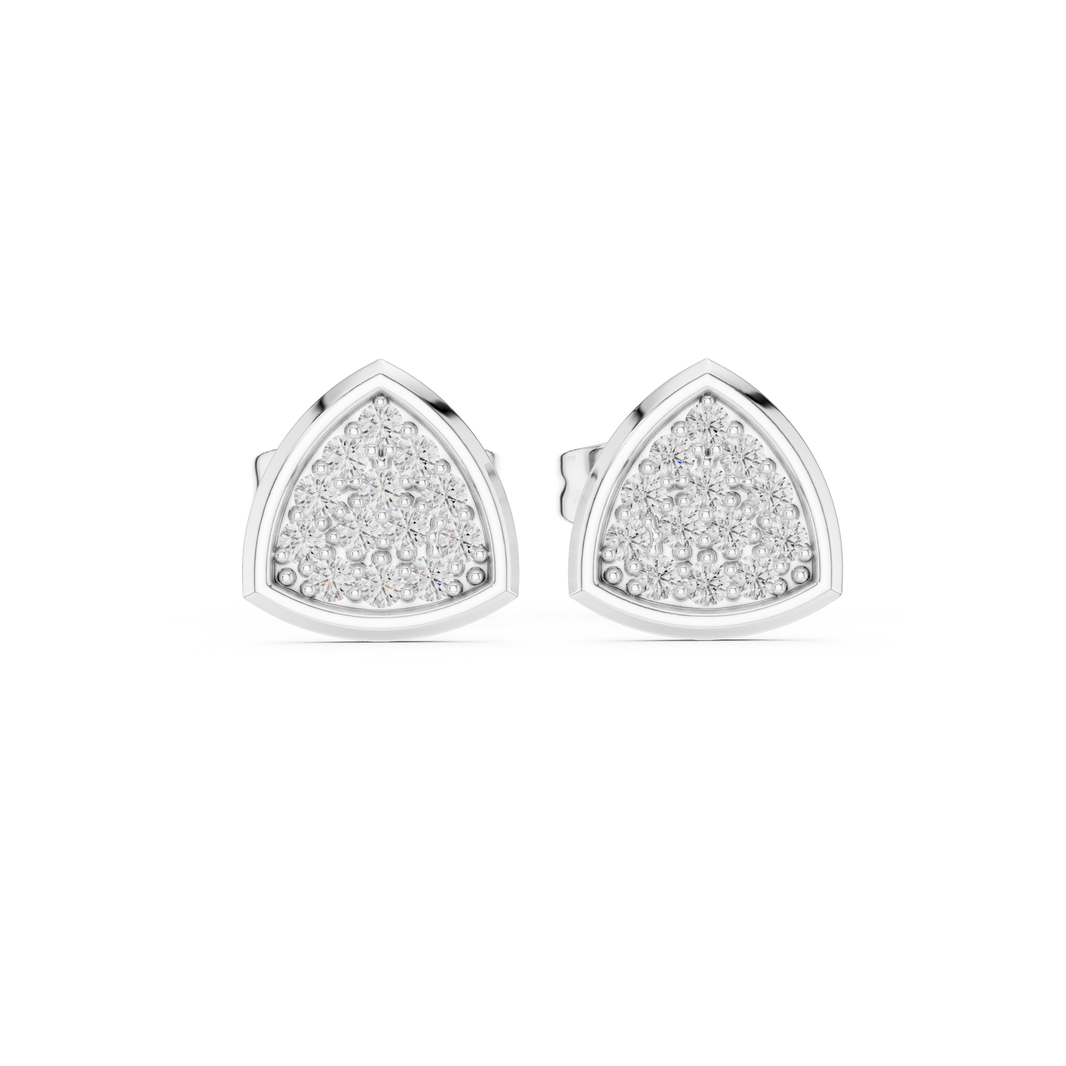 Trillion-shaped stud earrings with a fully pavé-set round brilliant cluster within a polished geometric frame