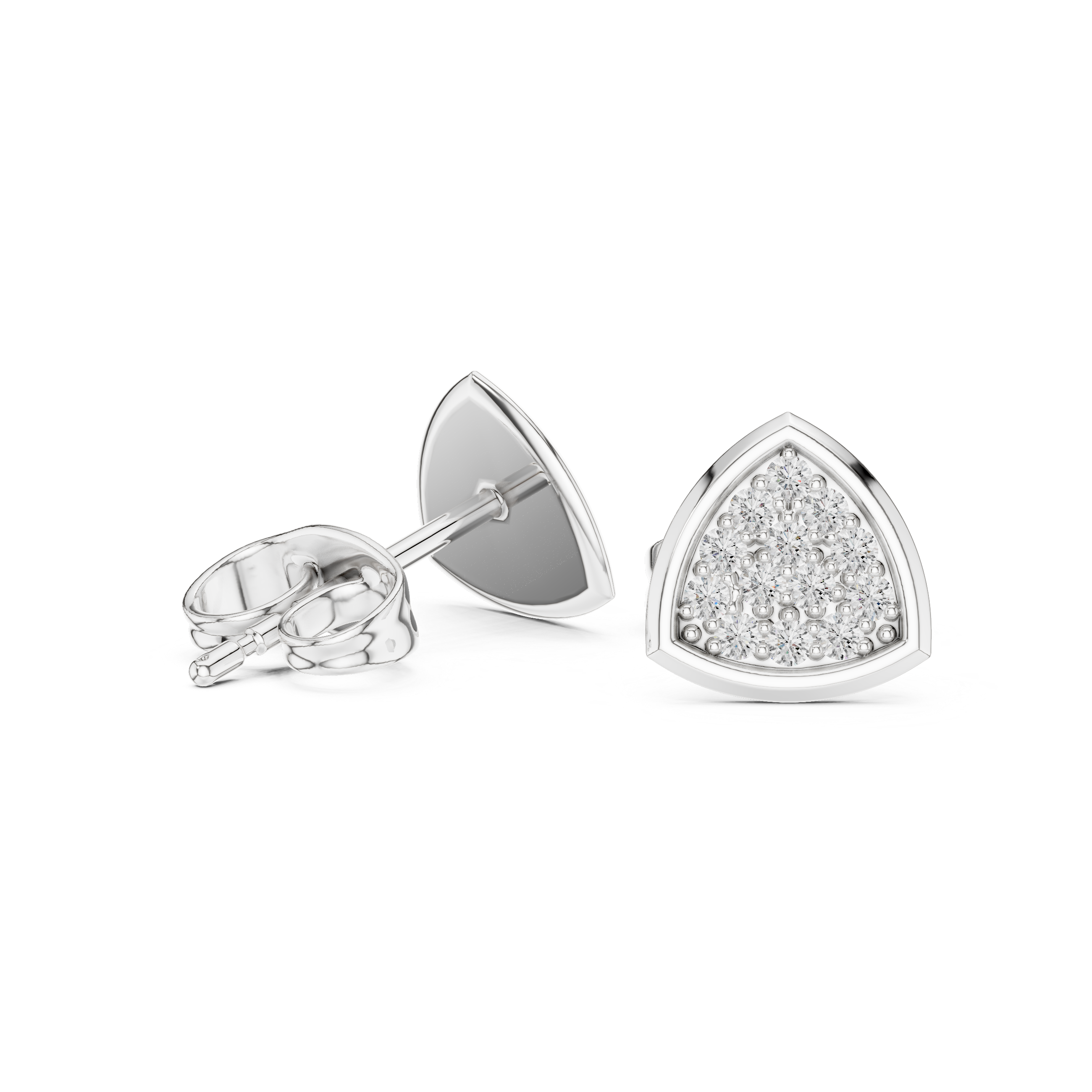Trillion-shaped stud earrings with a fully pavé-set round brilliant cluster within a polished geometric frame