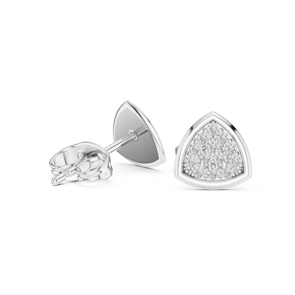 Trillion-shaped stud earrings with a fully pavé-set round brilliant cluster within a polished geometric frame