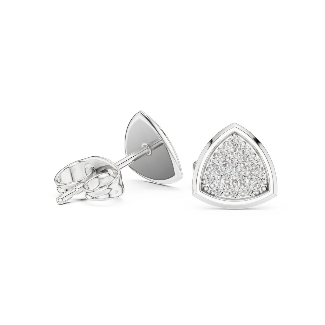 Trillion-shaped stud earrings with a fully pavé-set round brilliant cluster within a polished geometric frame