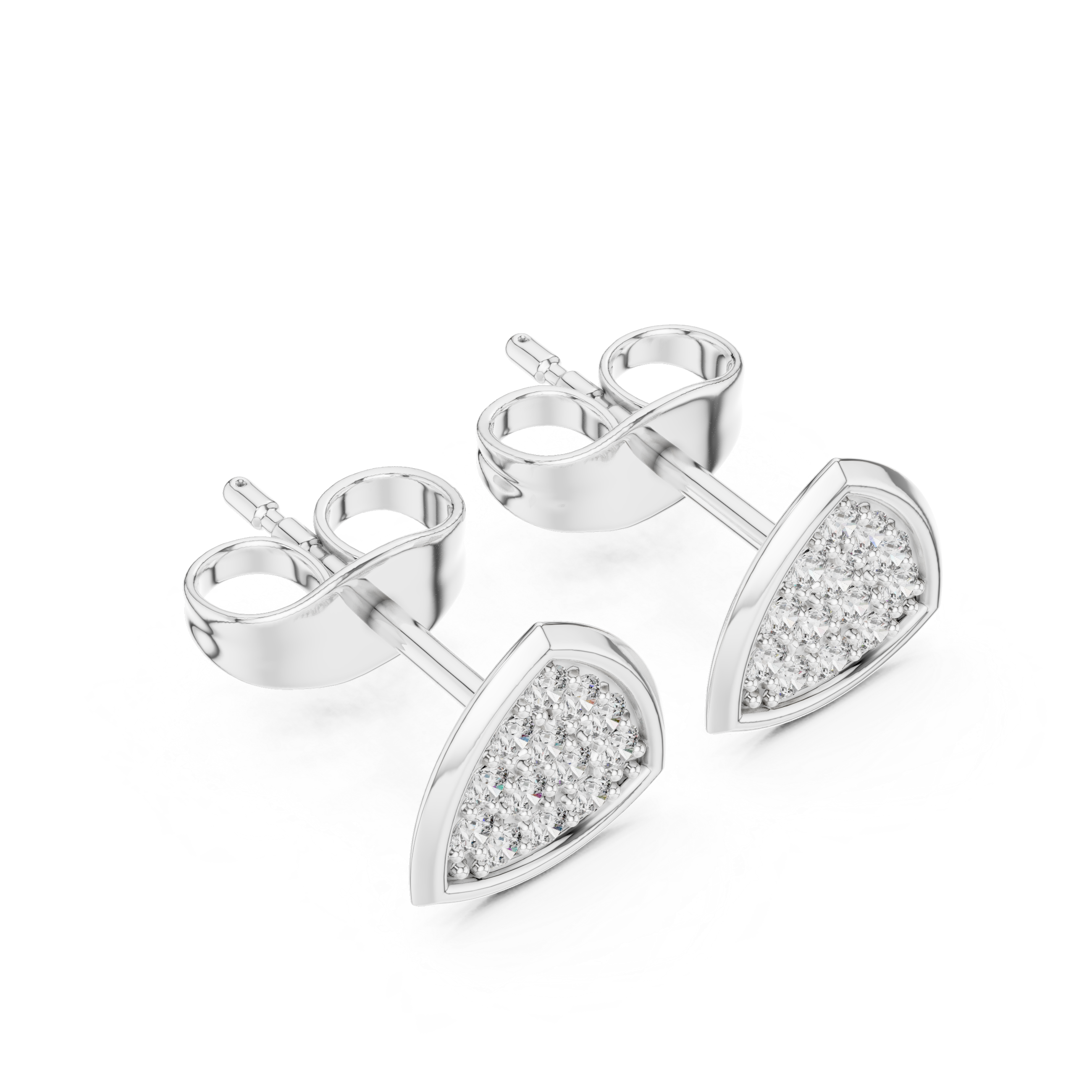 Trillion-shaped stud earrings with a fully pavé-set round brilliant cluster within a polished geometric frame