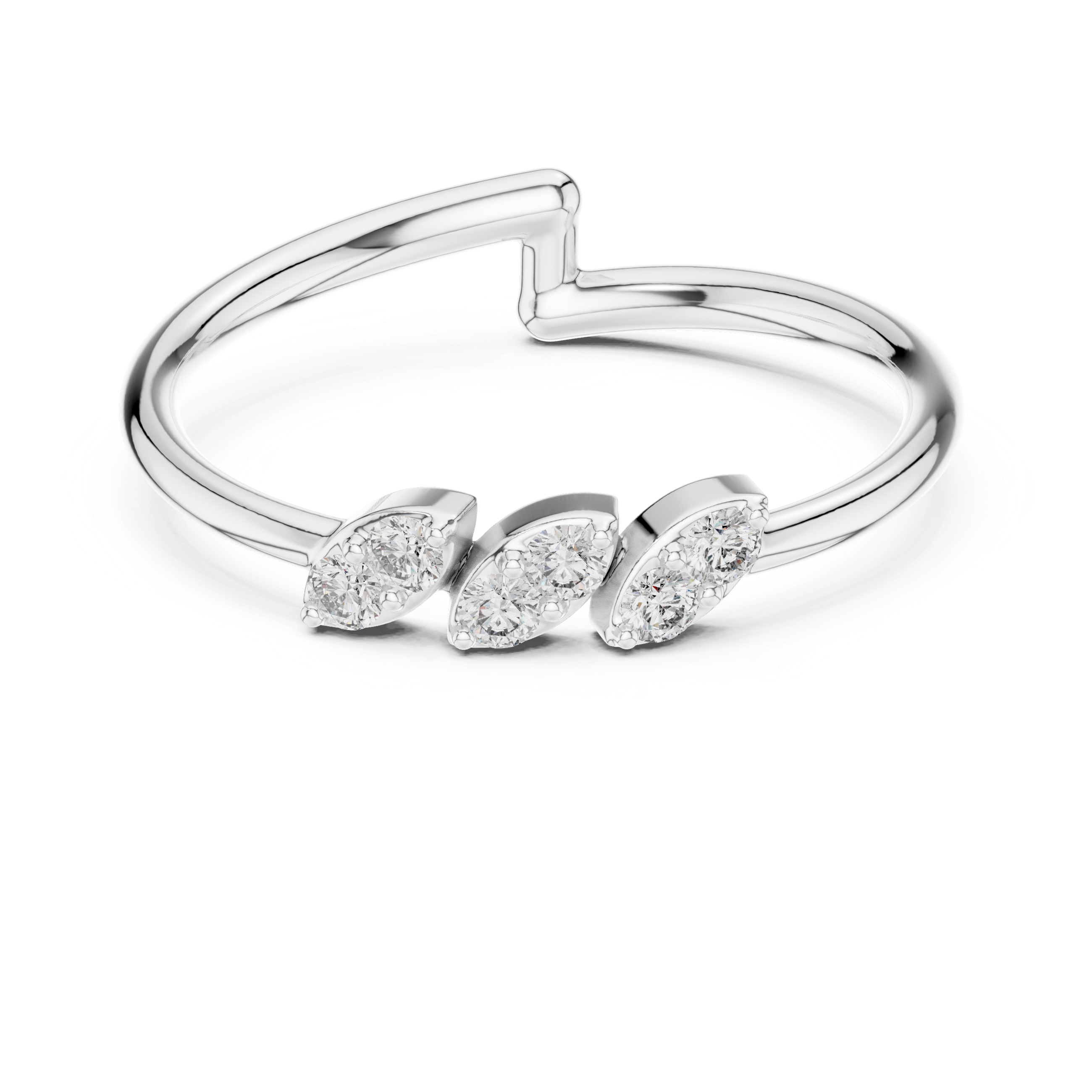 Trio cluster chevron band ring with open ended slim wire shank