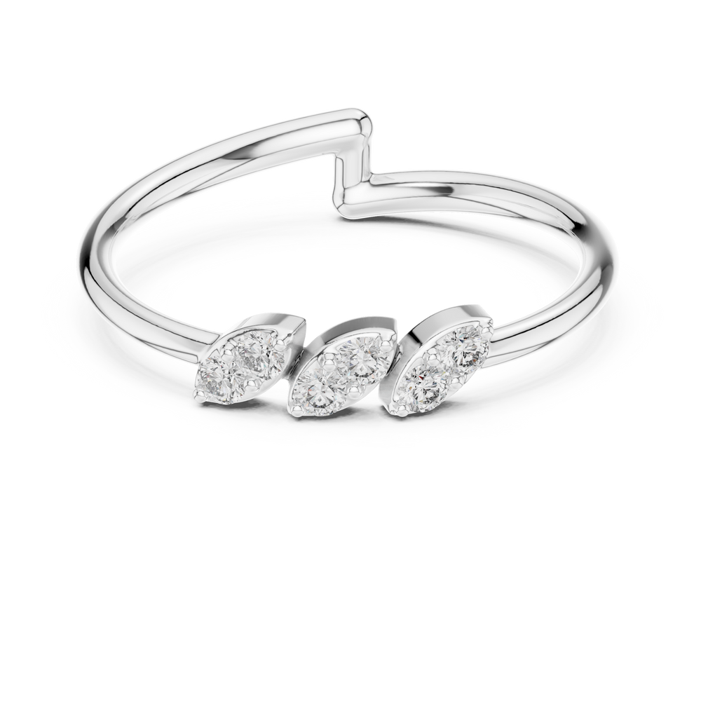 Trio cluster chevron band ring with open ended slim wire shank