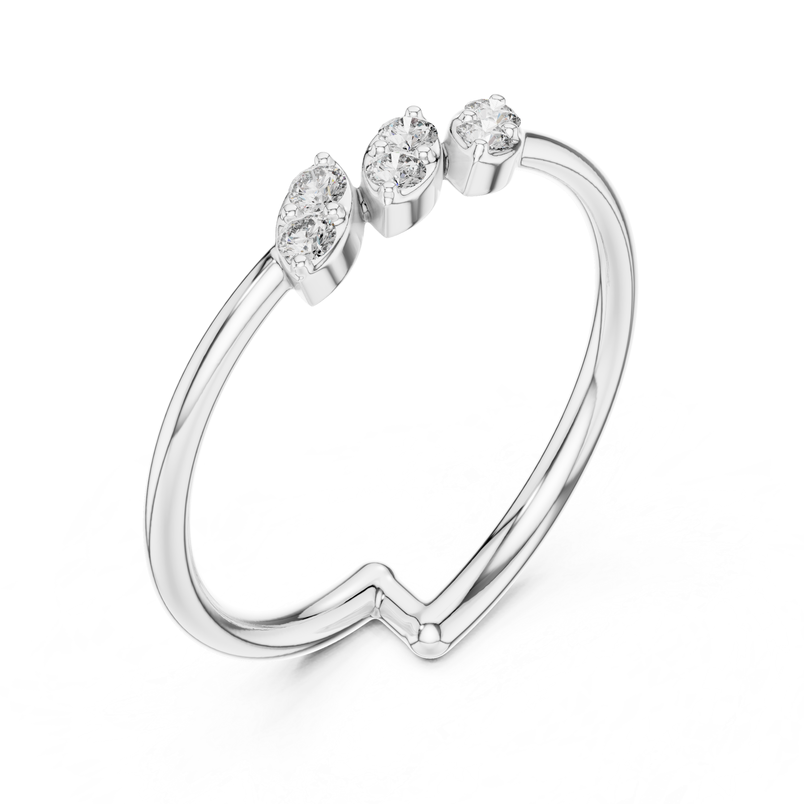 Trio cluster chevron band ring with open ended slim wire shank
