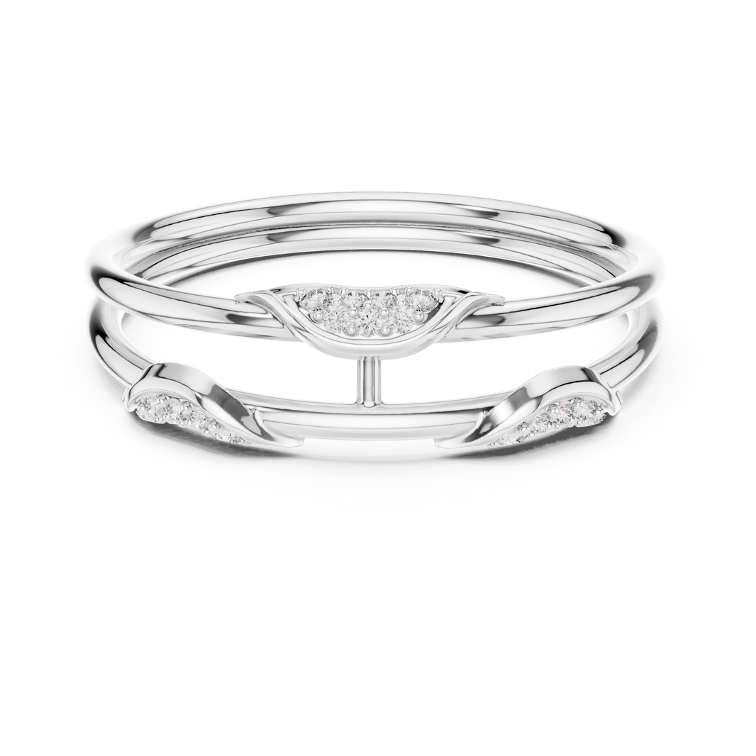 Triple band leaf design diamond ring with pave setting and bar connector