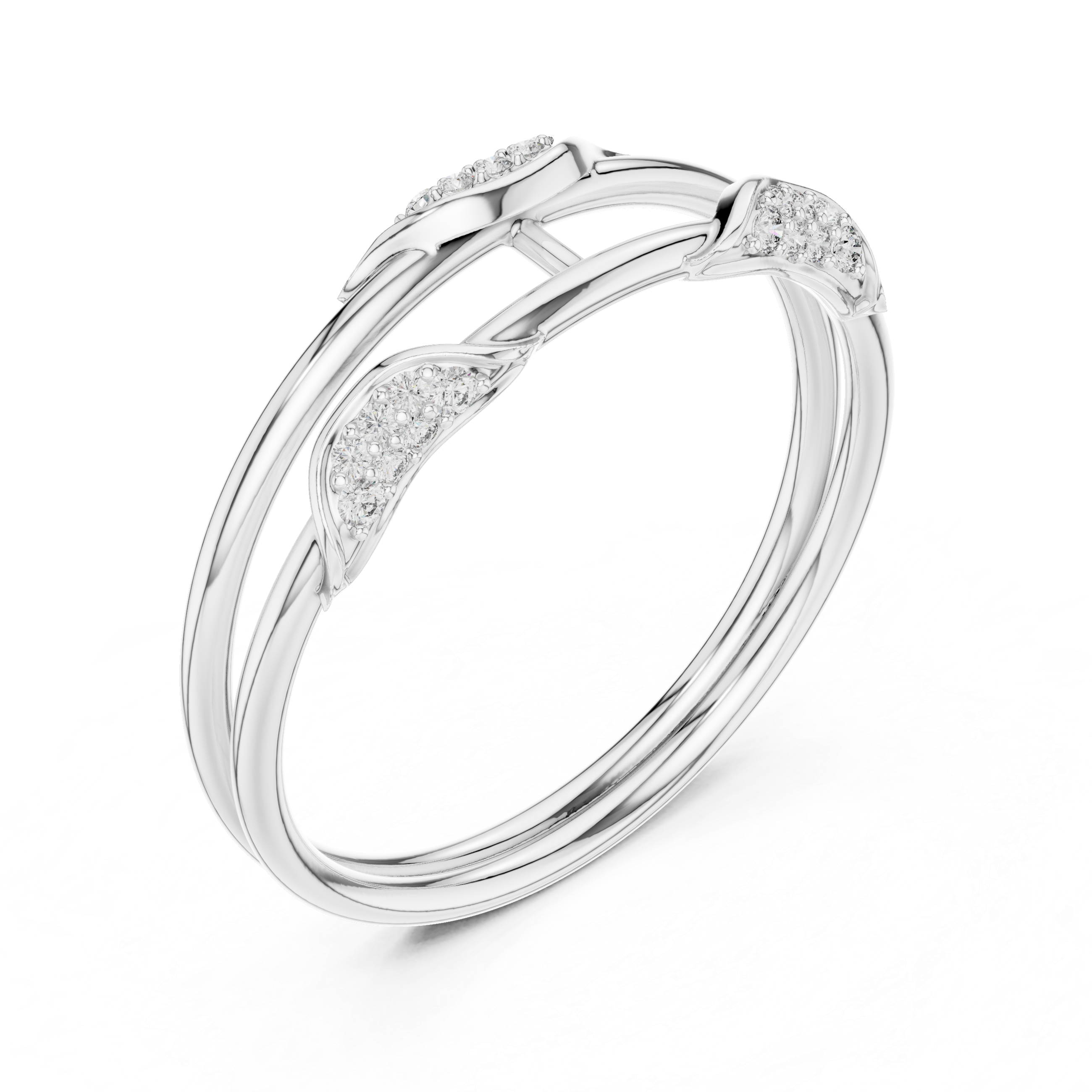 Triple band leaf design diamond ring with pave setting and bar connector