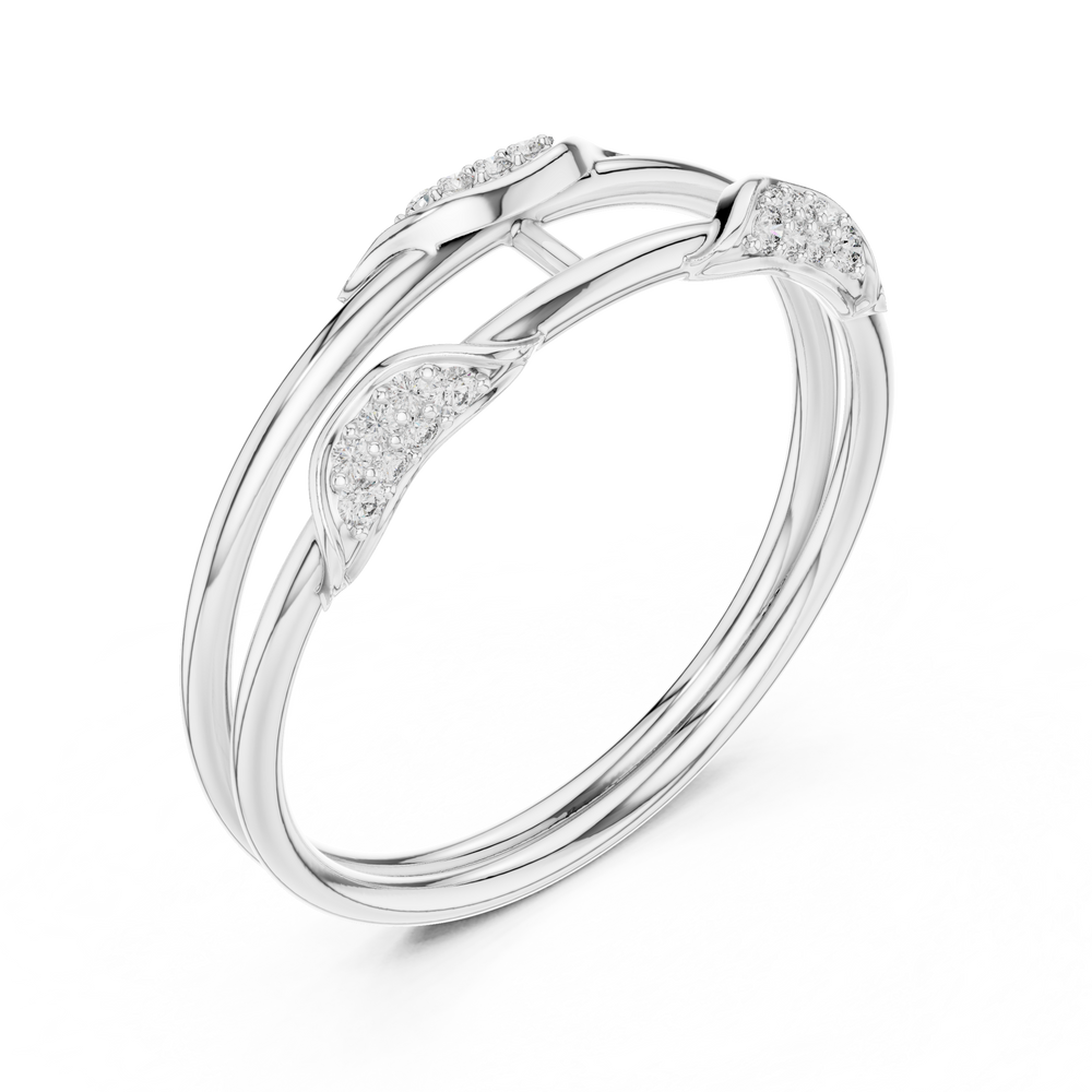 Triple band leaf design diamond ring with pave setting and bar connector