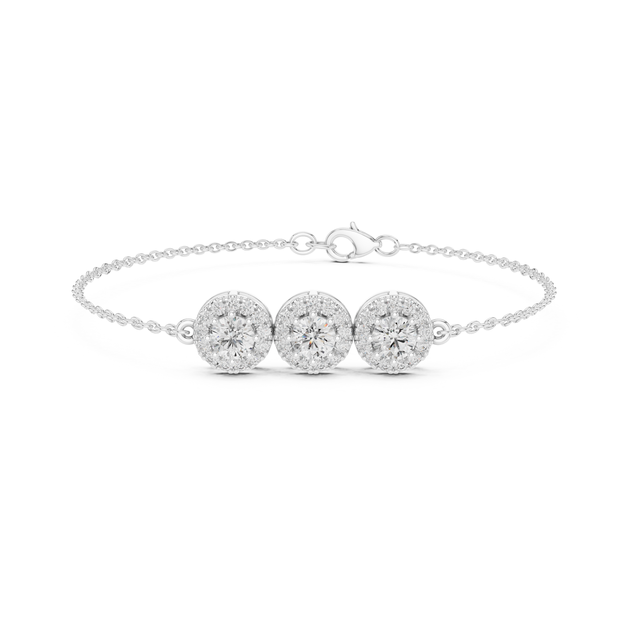 Triple floral cluster chain bracelet with sparkling round stone centre detailing