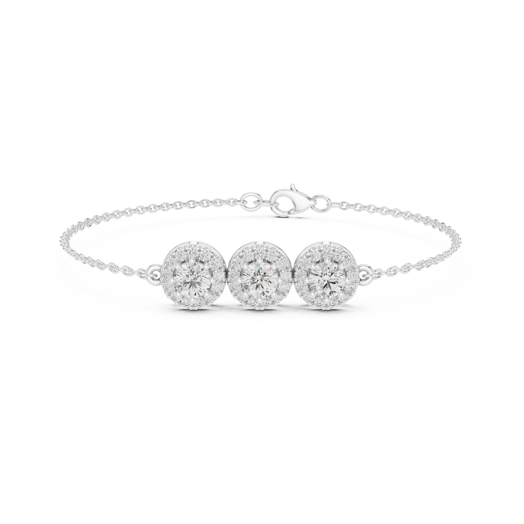 Triple floral cluster chain bracelet with sparkling round stone centre detailing