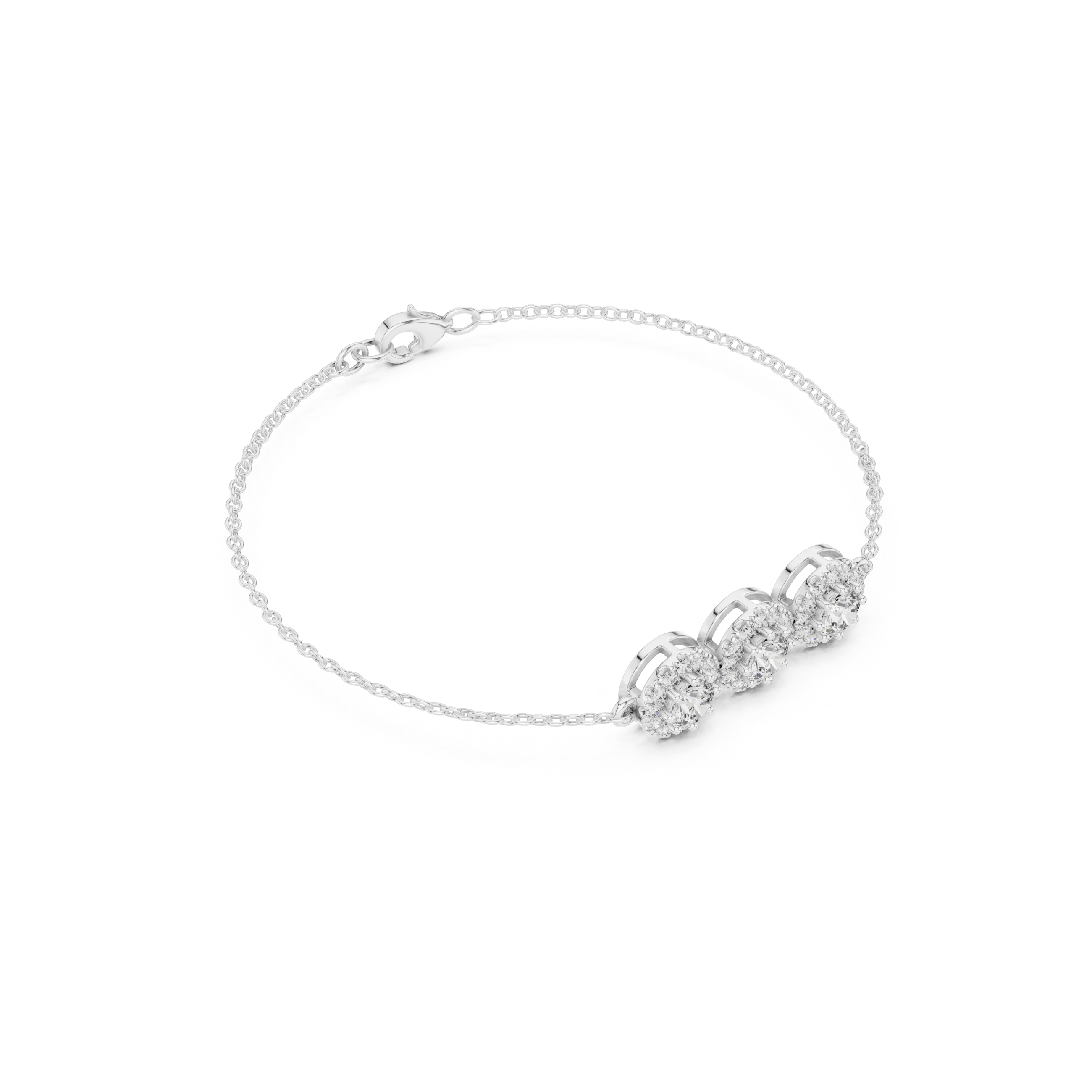 Triple floral cluster chain bracelet with sparkling round stone centre detailing