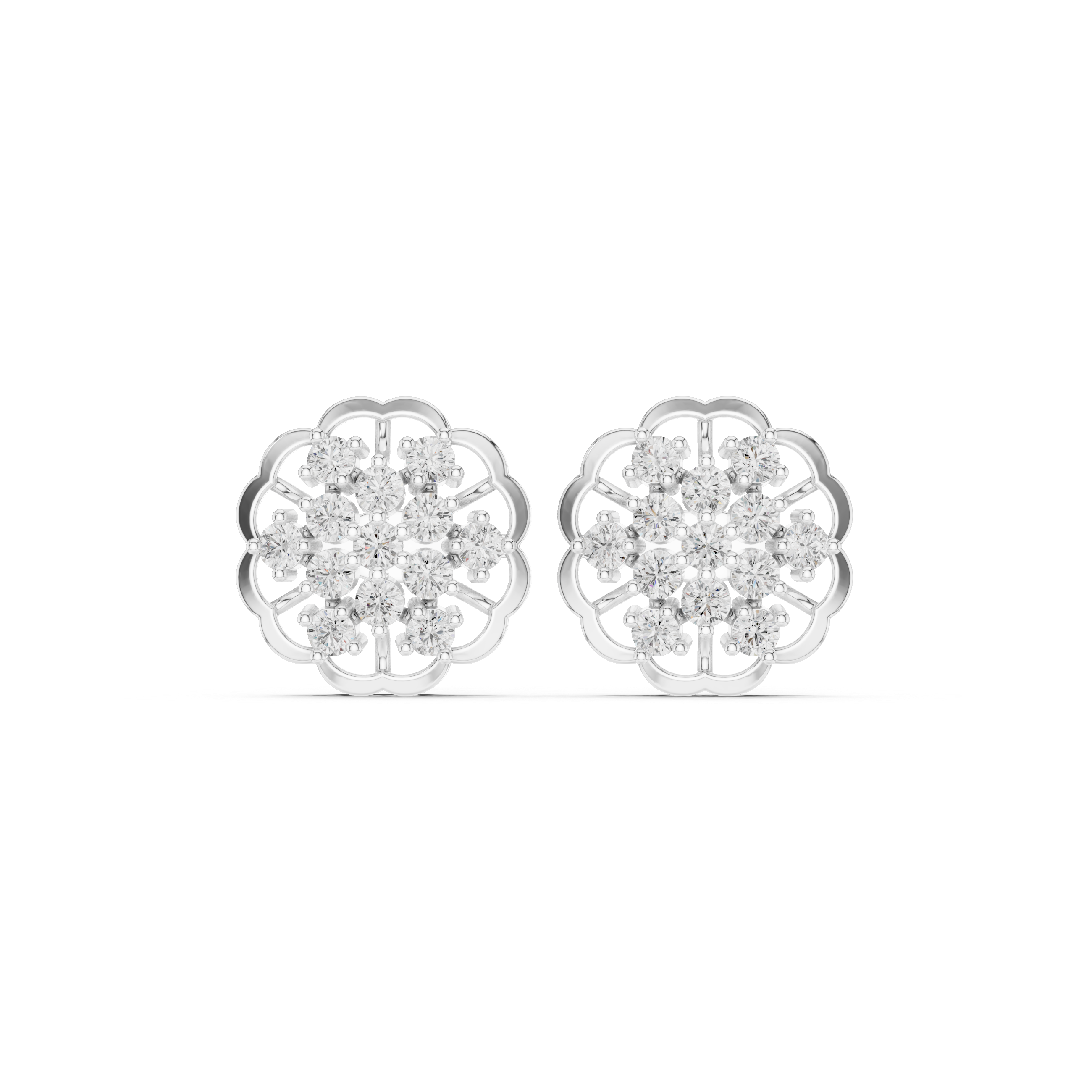 Triple floral cluster stud earrings with open lattice and sparkling stone detailing