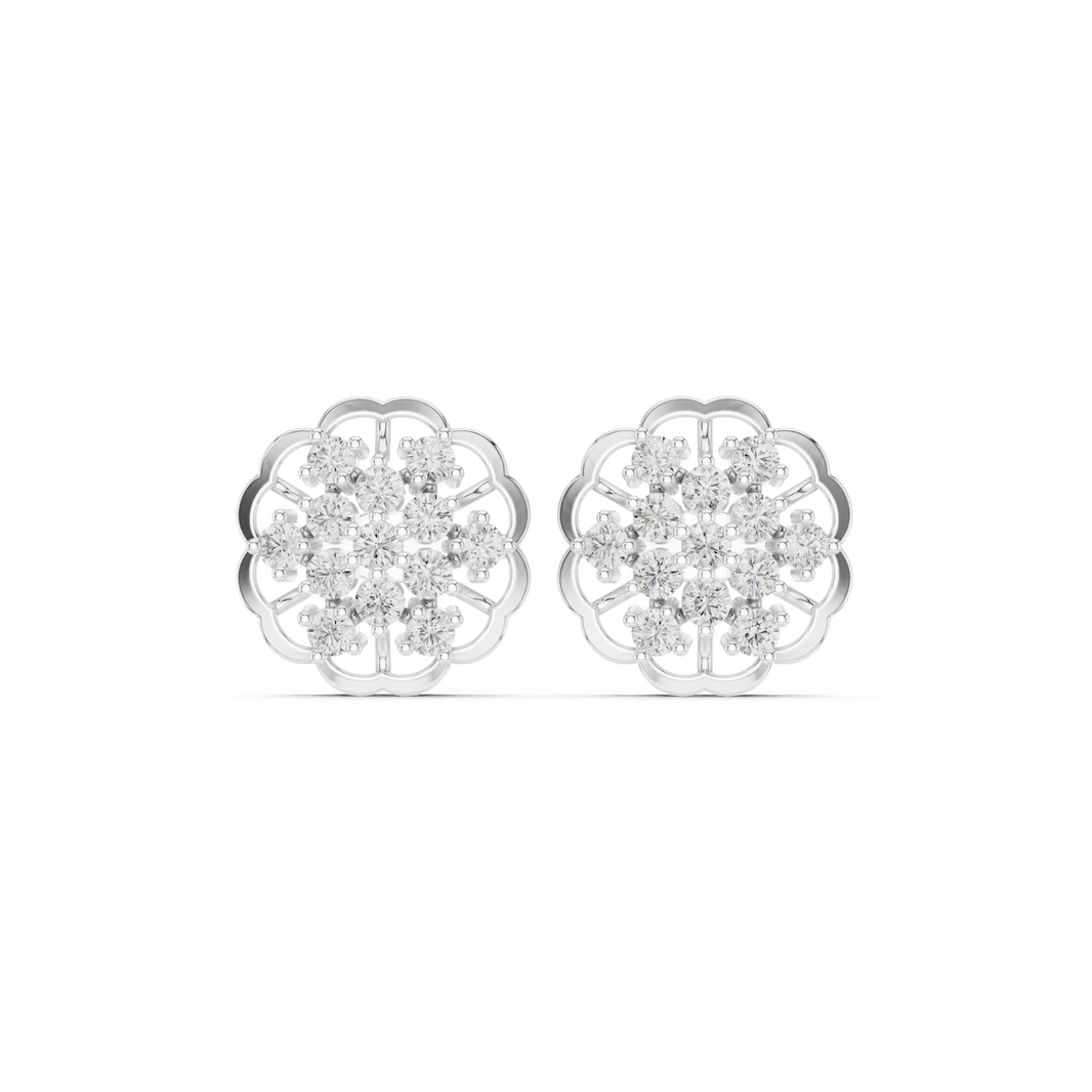 Triple floral cluster stud earrings with open lattice and sparkling stone detailing