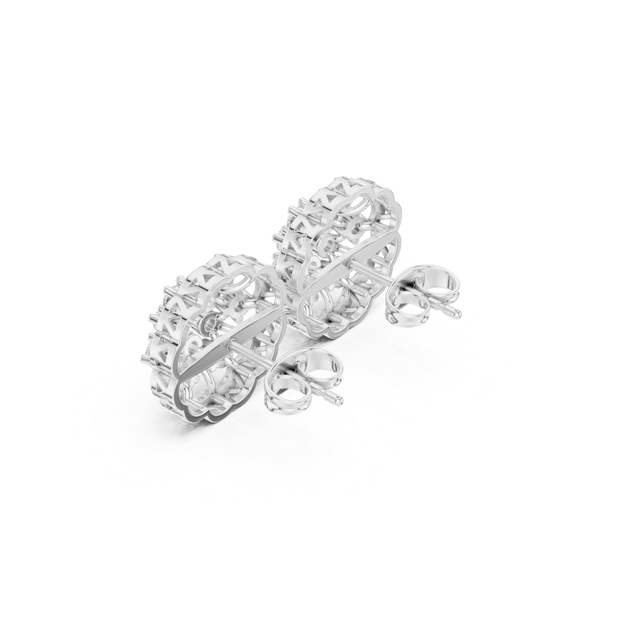 Triple floral cluster stud earrings with open lattice and sparkling stone detailing
