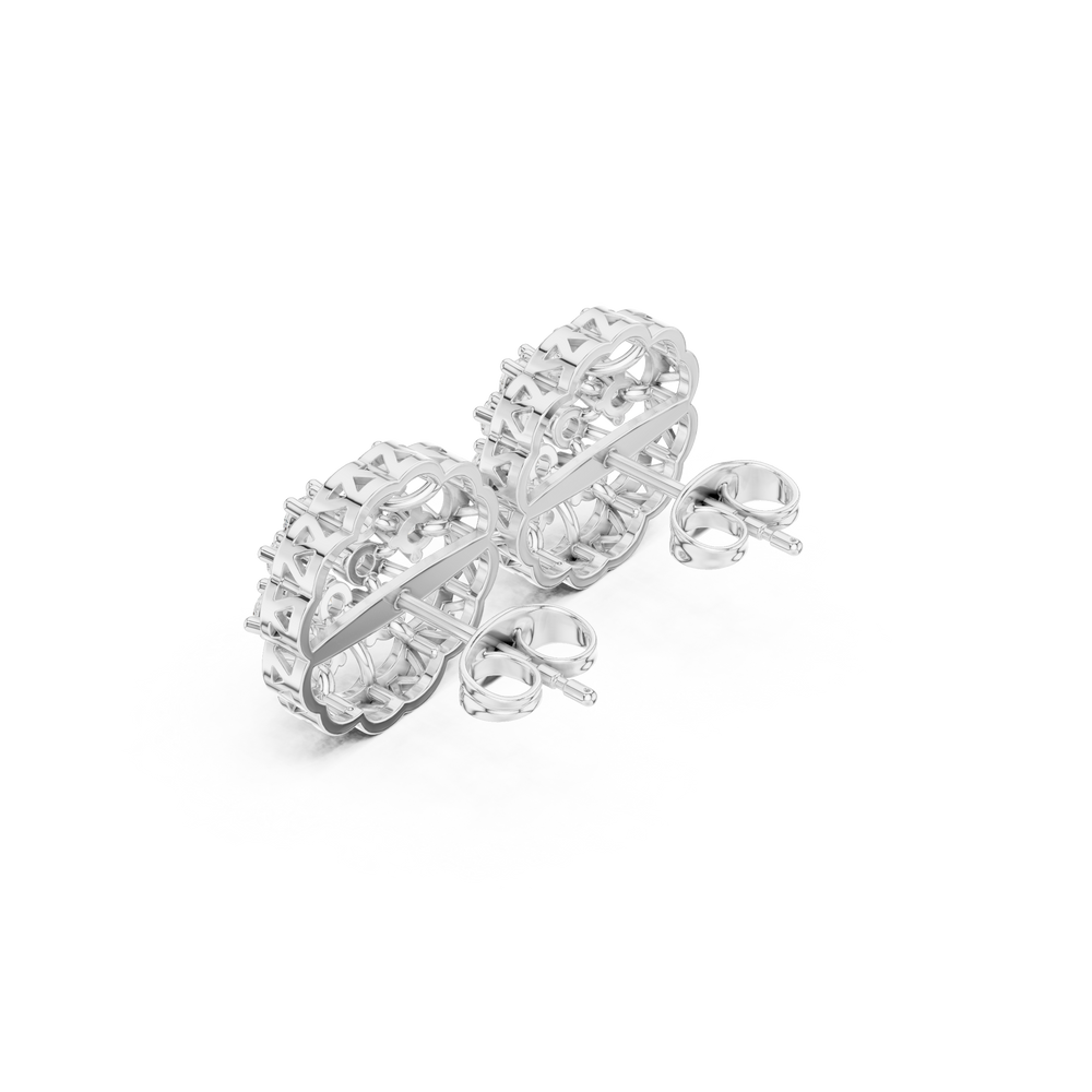 Triple floral cluster stud earrings with open lattice and sparkling stone detailing
