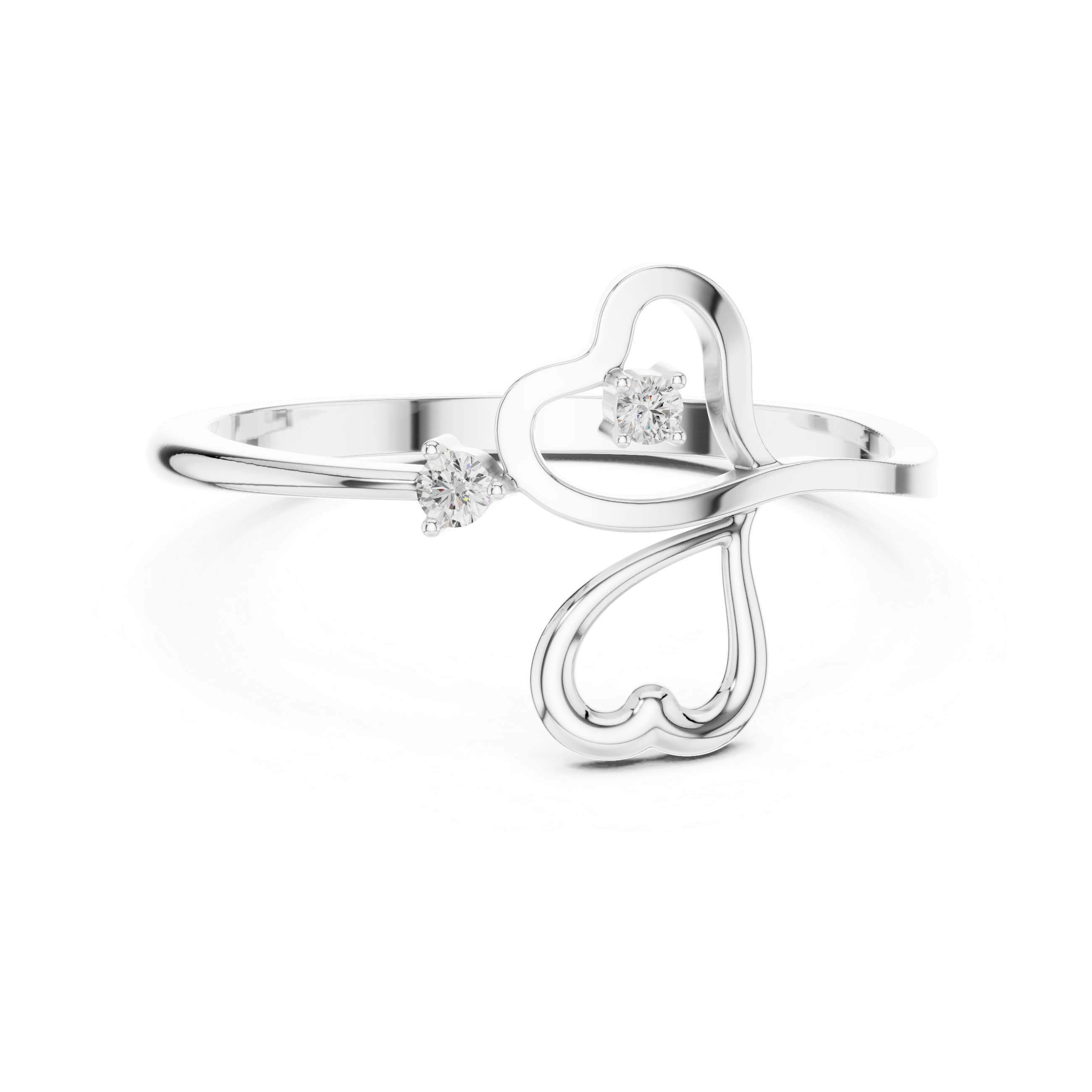 Triple heart open bypass ring with interlinked outline hearts and solitaire accents
