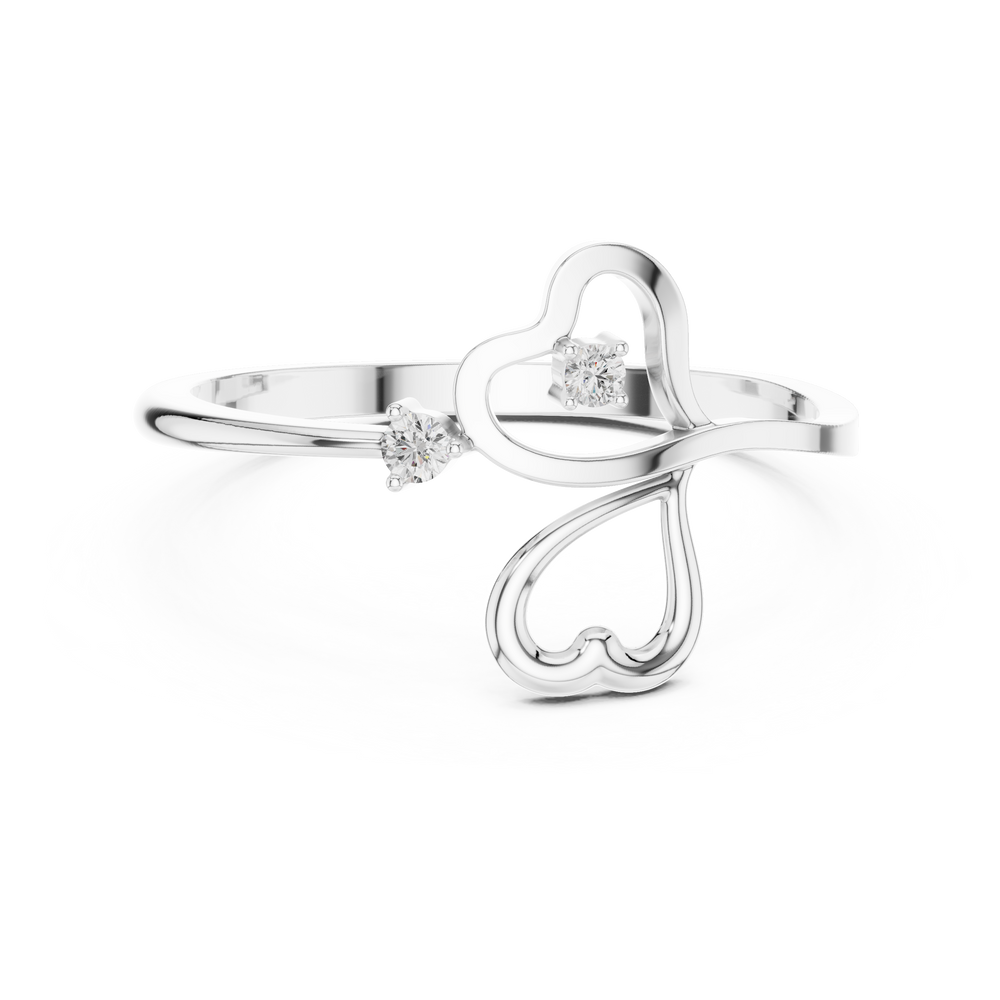 Triple heart open bypass ring with interlinked outline hearts and solitaire accents