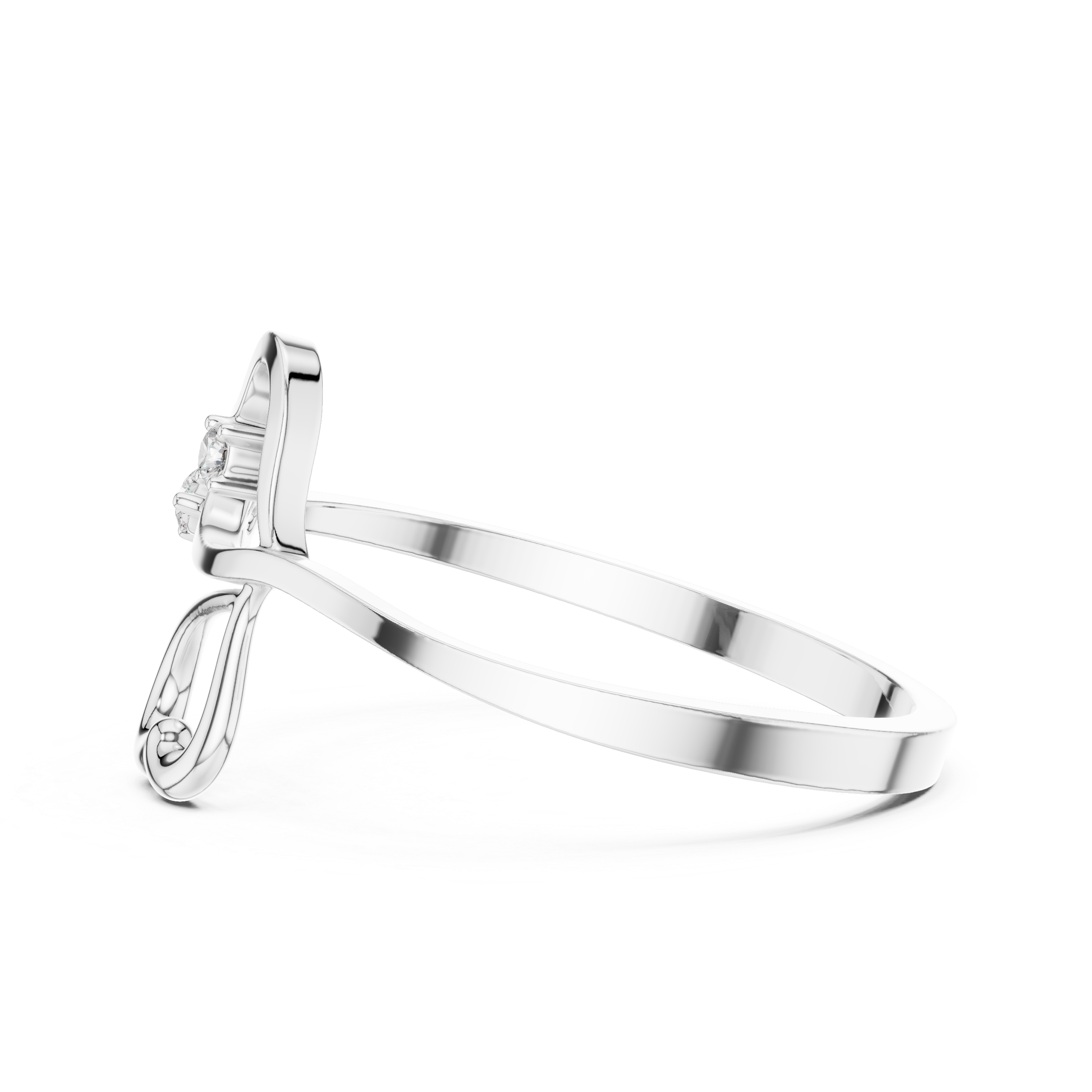 Triple heart open bypass ring with interlinked outline hearts and solitaire accents
