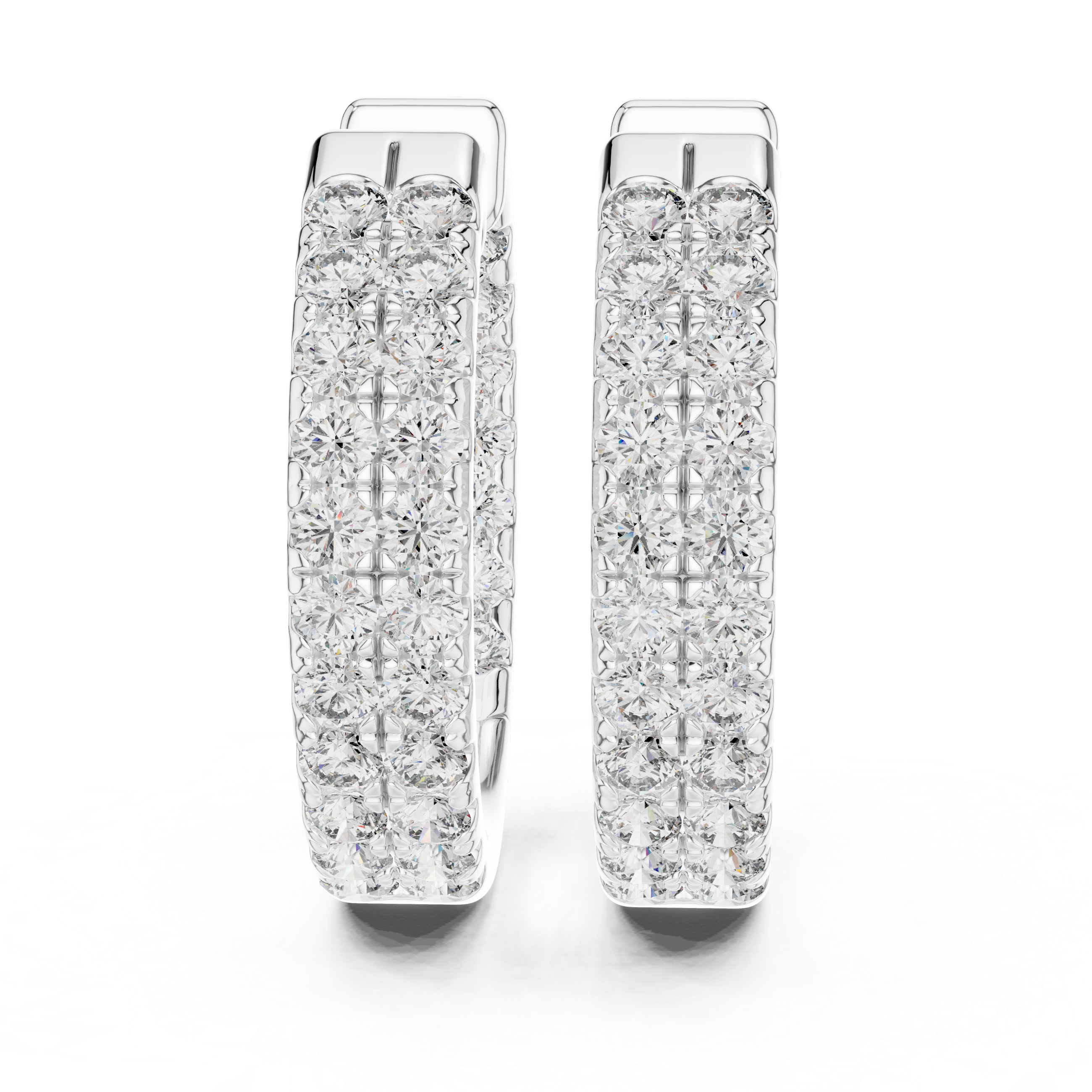 Triple row pave huggie earrings with wide band and three rows of round stones set across the hoop
