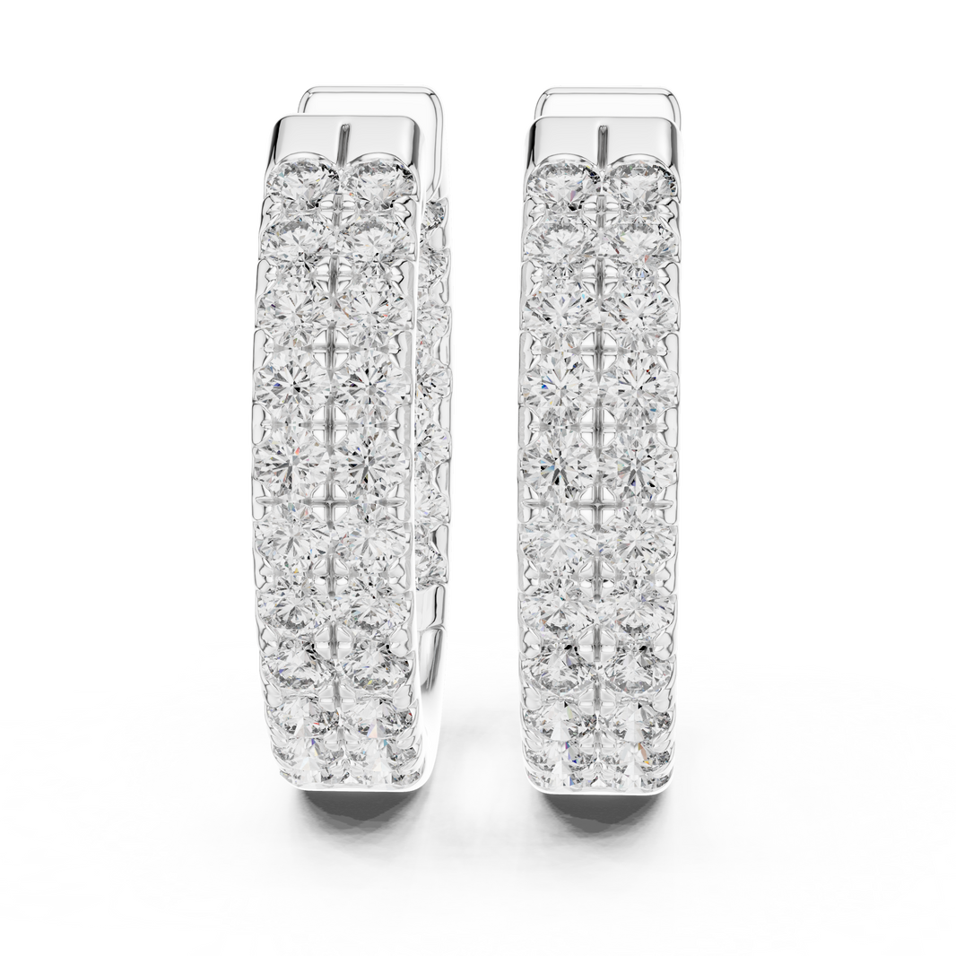 Triple row pave huggie earrings with wide band and three rows of round stones set across the hoop