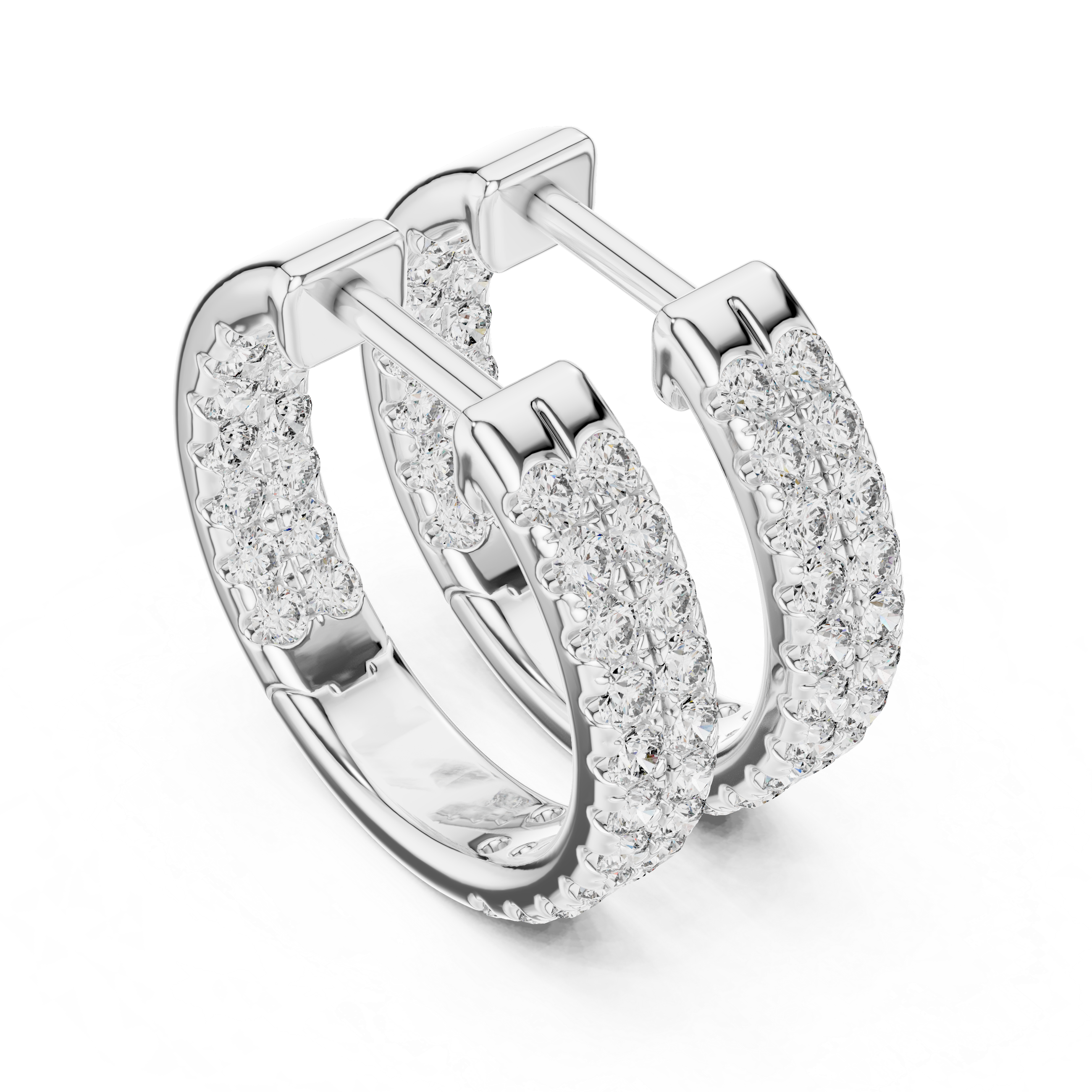 Triple row pave huggie earrings with wide band and three rows of round stones set across the hoop