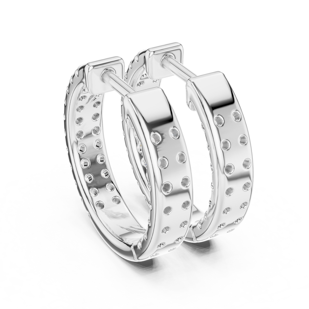 Triple row pave huggie earrings with wide band and three rows of round stones set across the hoop