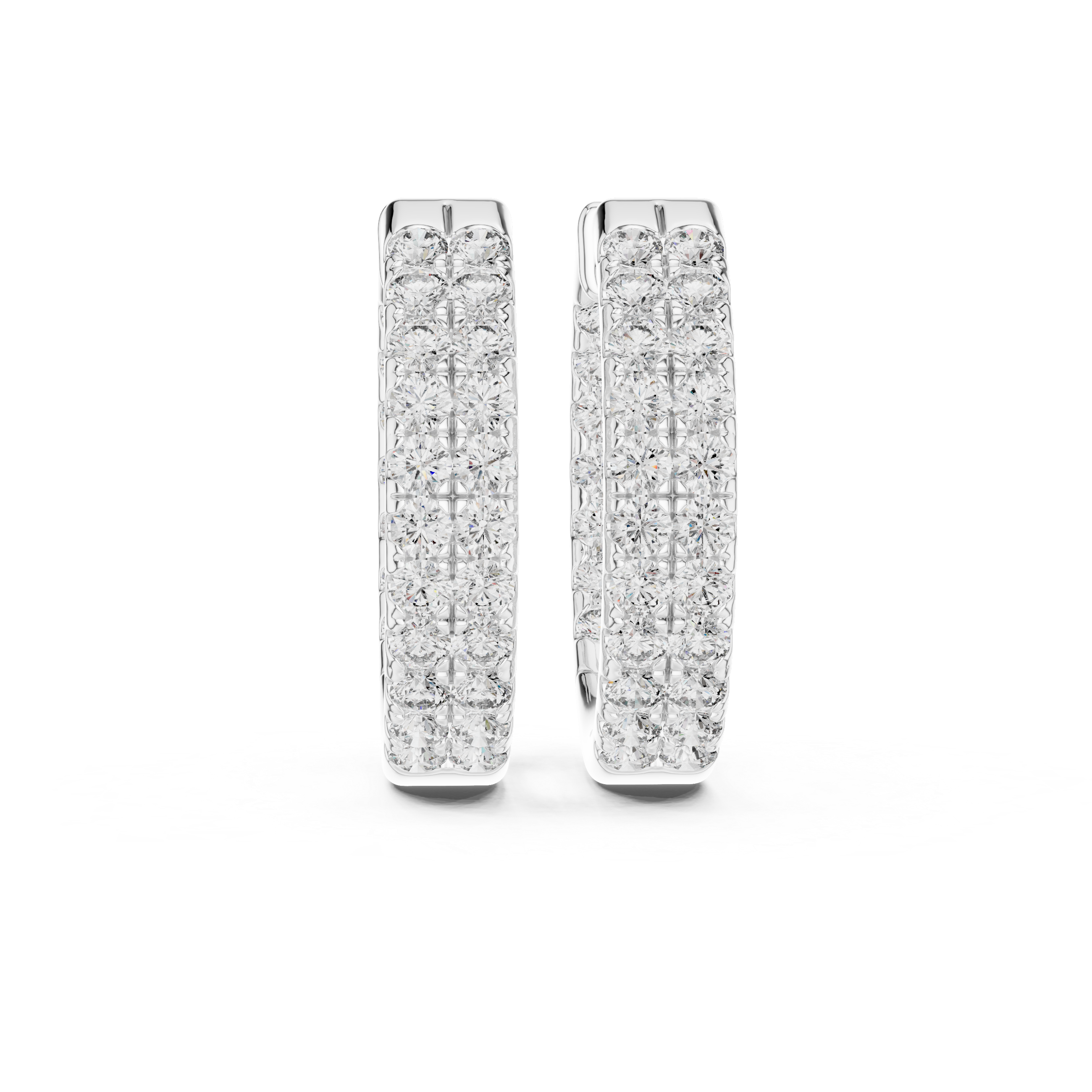 Triple row pave huggie earrings with wide band and three rows of round stones set across the hoop