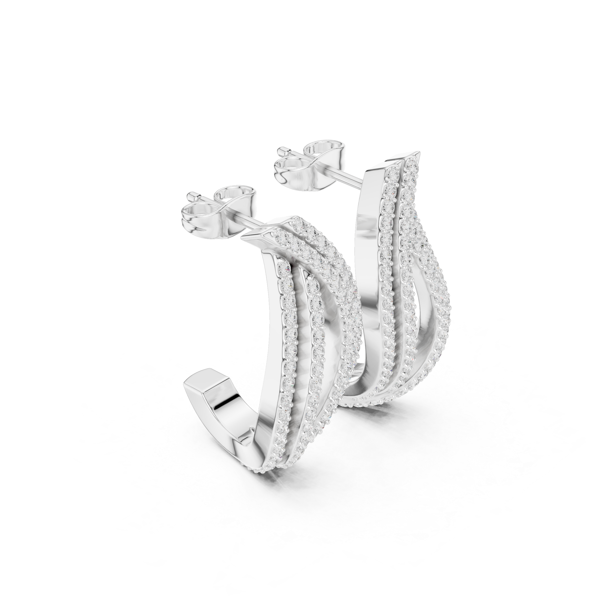 Large stone-covered triple row twisted hoop earrings with intertwining round brilliant strands