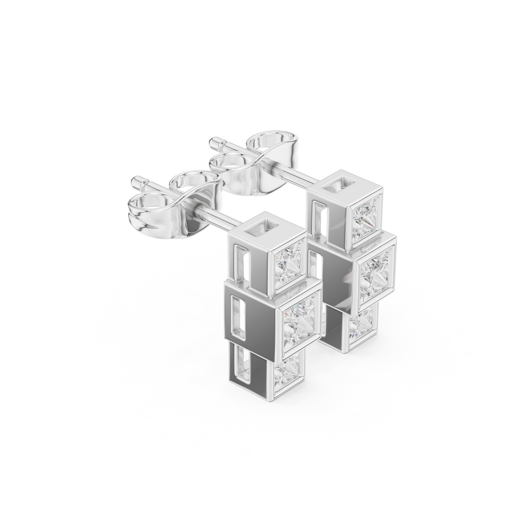 Three descending square-cut stones in individual square frames forming a vertical drop stud earring