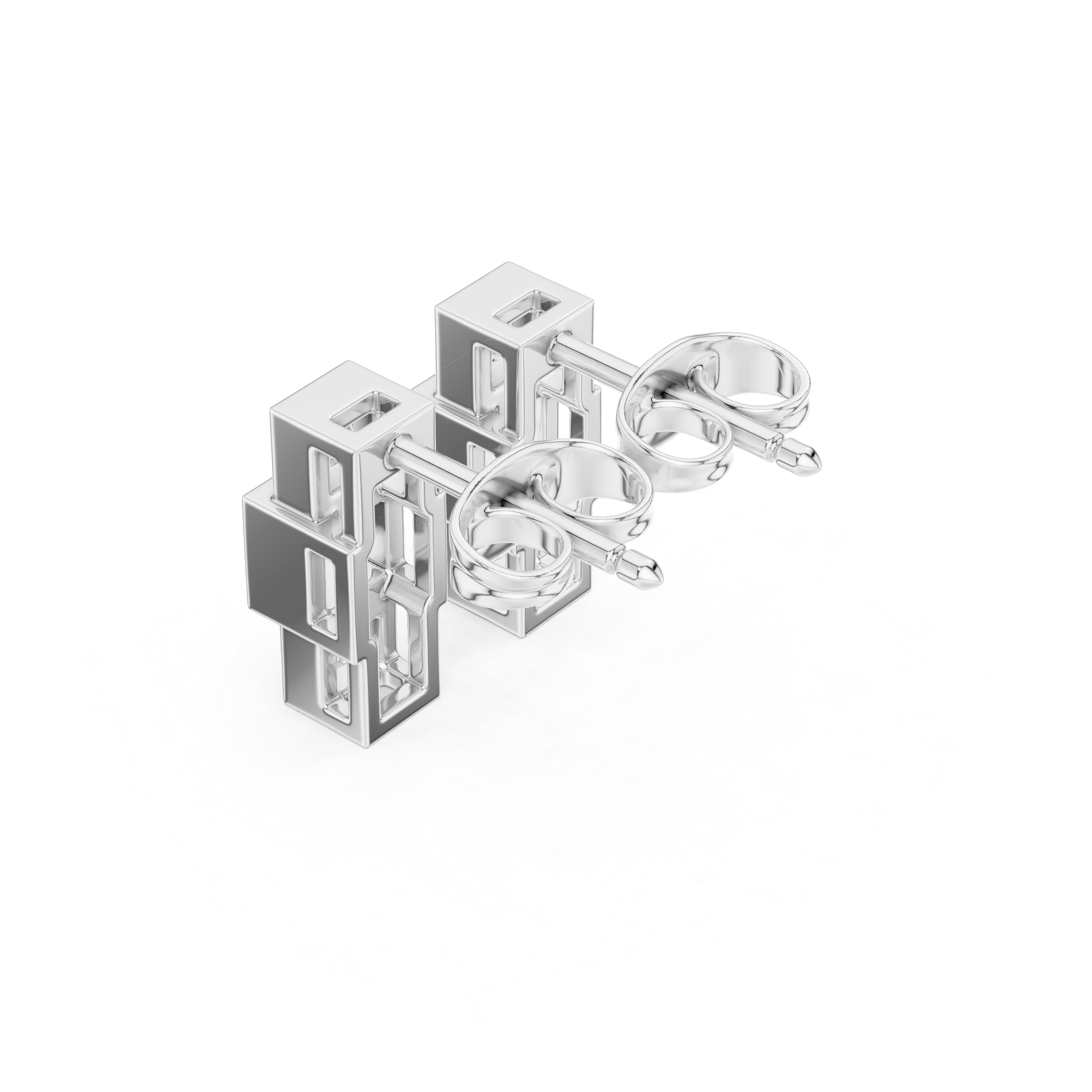 Three descending square-cut stones in individual square frames forming a vertical drop stud earring