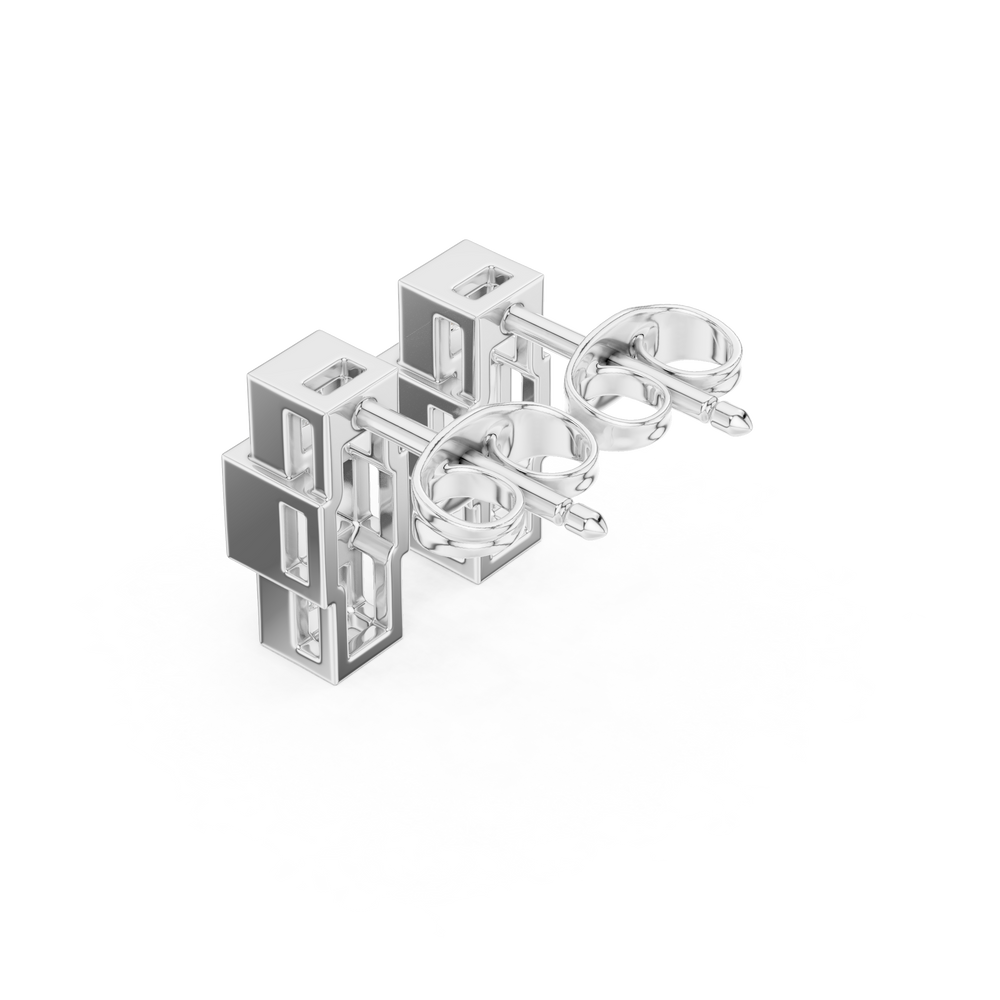 Three descending square-cut stones in individual square frames forming a vertical drop stud earring