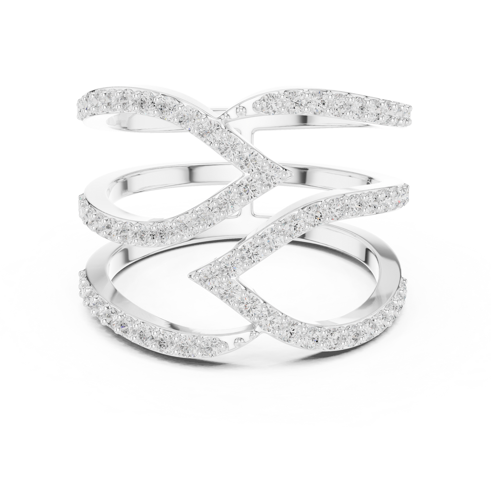 Triple wave intertwined full pave diamond cocktail ring with open design